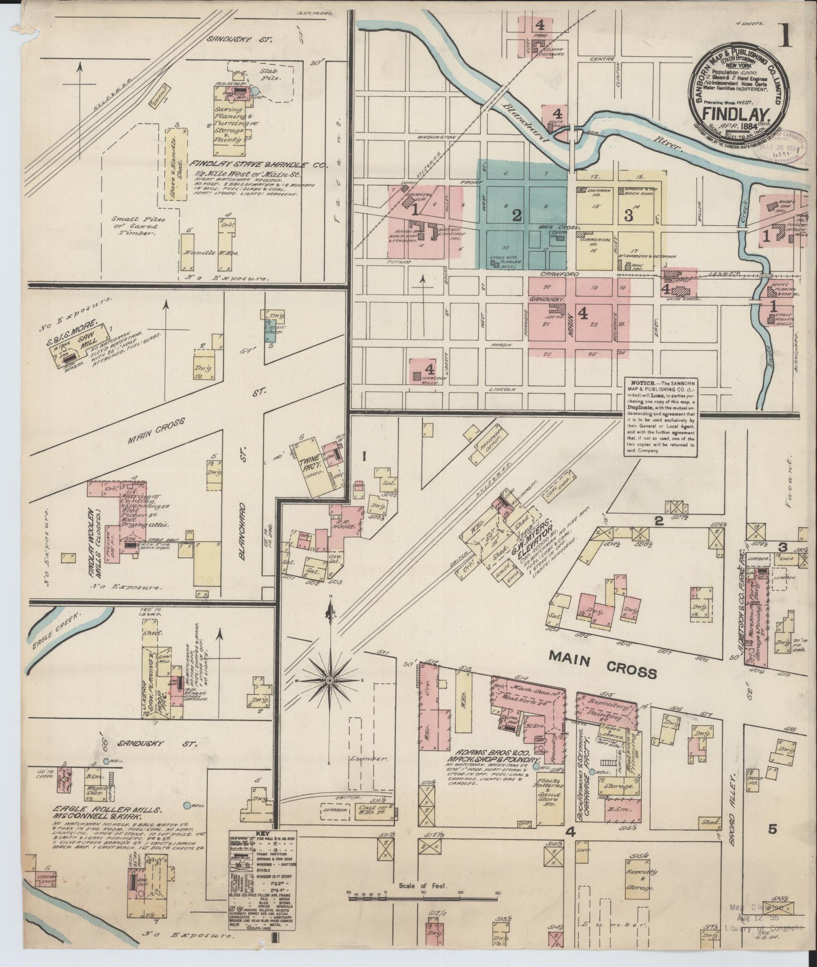 Sanborn Fire Insurance Map from Findlay, Hancock County, Ohio (1884), Sheet #0001 - Historic Sanborn Fire Insurance Map Print, vintage old map wall art, antique decor, genealogy gift, Ohio Ohio map