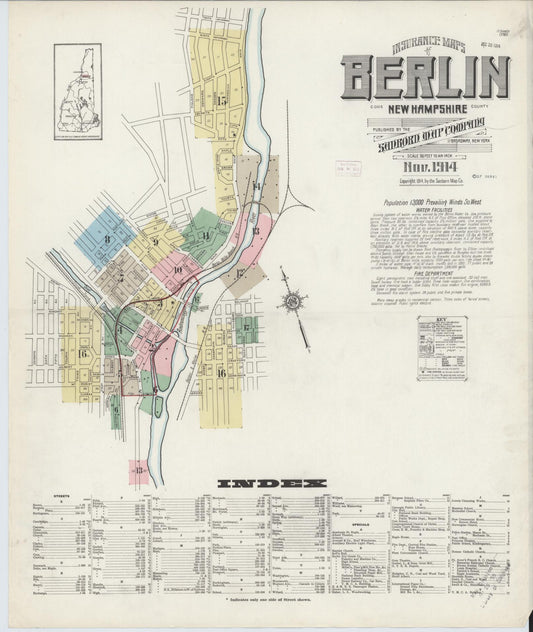 Sanborn Fire Insurance Map from Berlin, Coos County, New Hampshire (1914), Sheet #0001 - Historic Sanborn Fire Insurance Map Print, vintage old map wall art, antique decor, genealogy gift, New Hampshire New Hampshire map