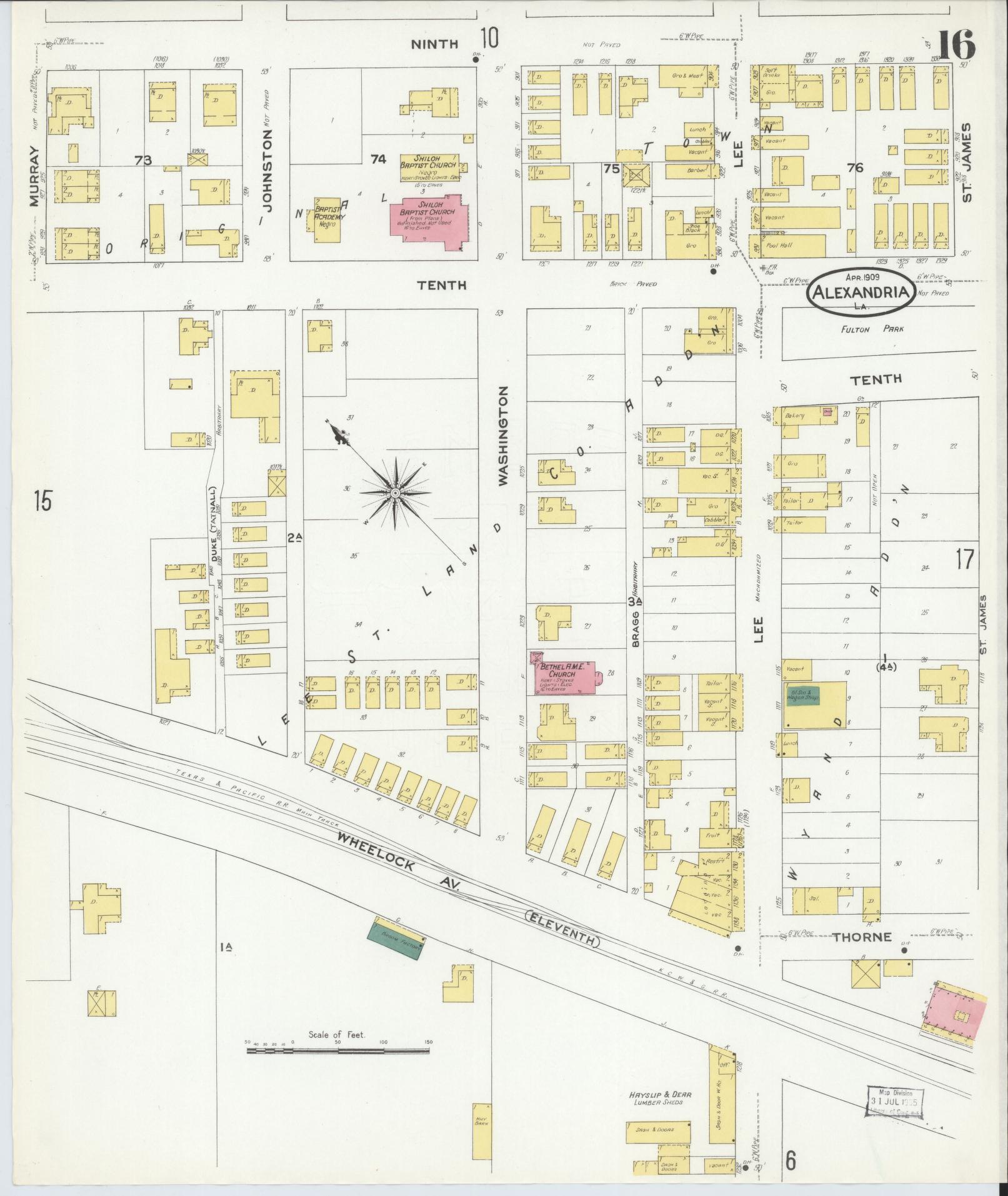 Sanborn Fire Insurance Map from Alexandria, Rapides Parish, Louisiana (1909), Sheet #0016 - Historic Sanborn Fire Insurance Map Print, vintage old map wall art, antique decor, genealogy gift, Louisiana Louisiana map