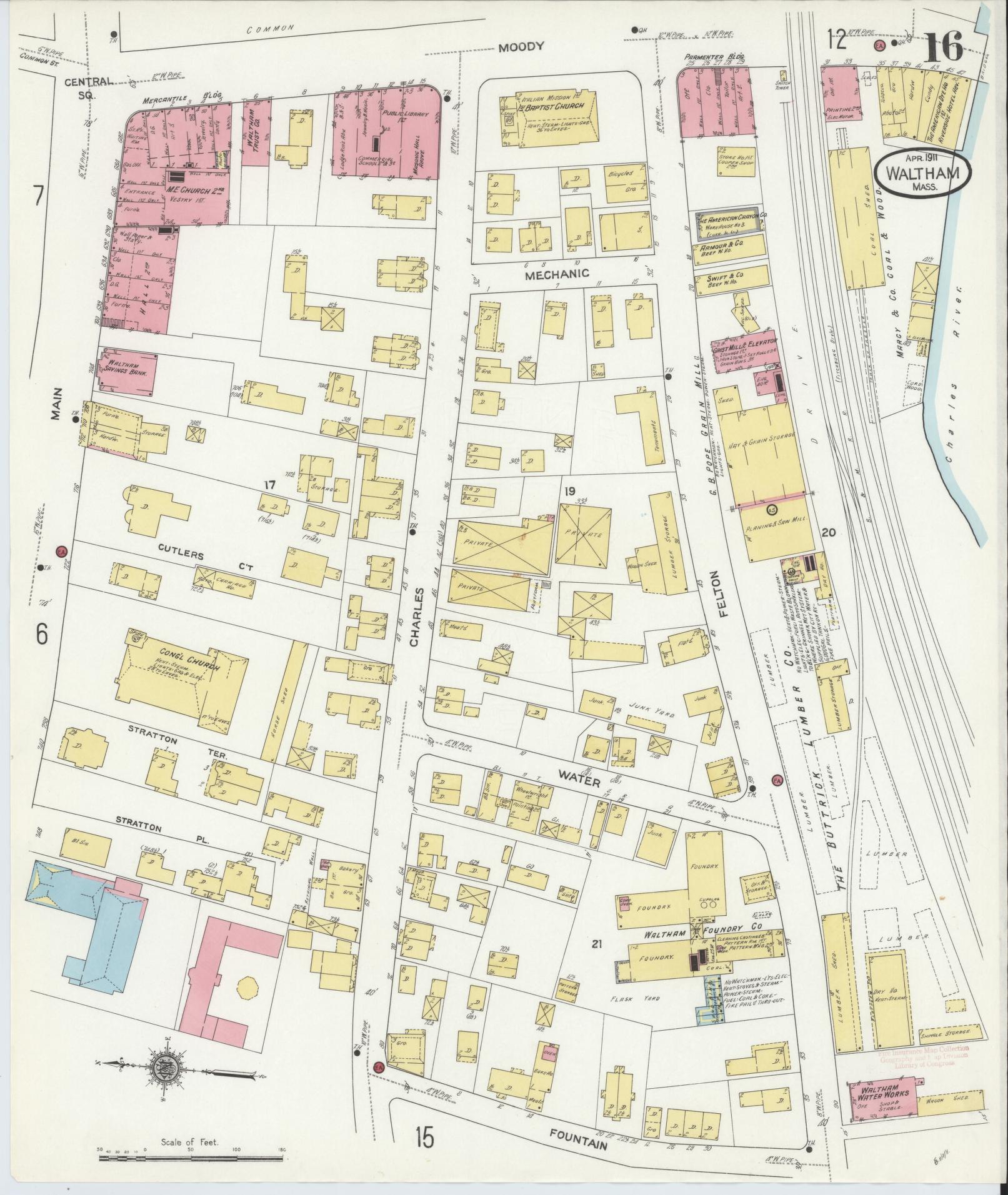 Sanborn Fire Insurance Map from Waltham, Middlesex County, Massachusetts (1911), Sheet #0016 - Complete Map Set gallery image, historic Sanborn map, vintage wall art, Massachusetts Massachusetts