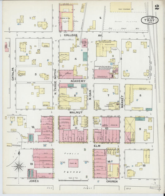 Sanborn Fire Insurance Map from Troy, Pike County, Alabama (1892), Sheet #0002 - Historic Sanborn Fire Insurance Map Print, vintage old map wall art, antique decor, genealogy gift, Alabama Alabama map