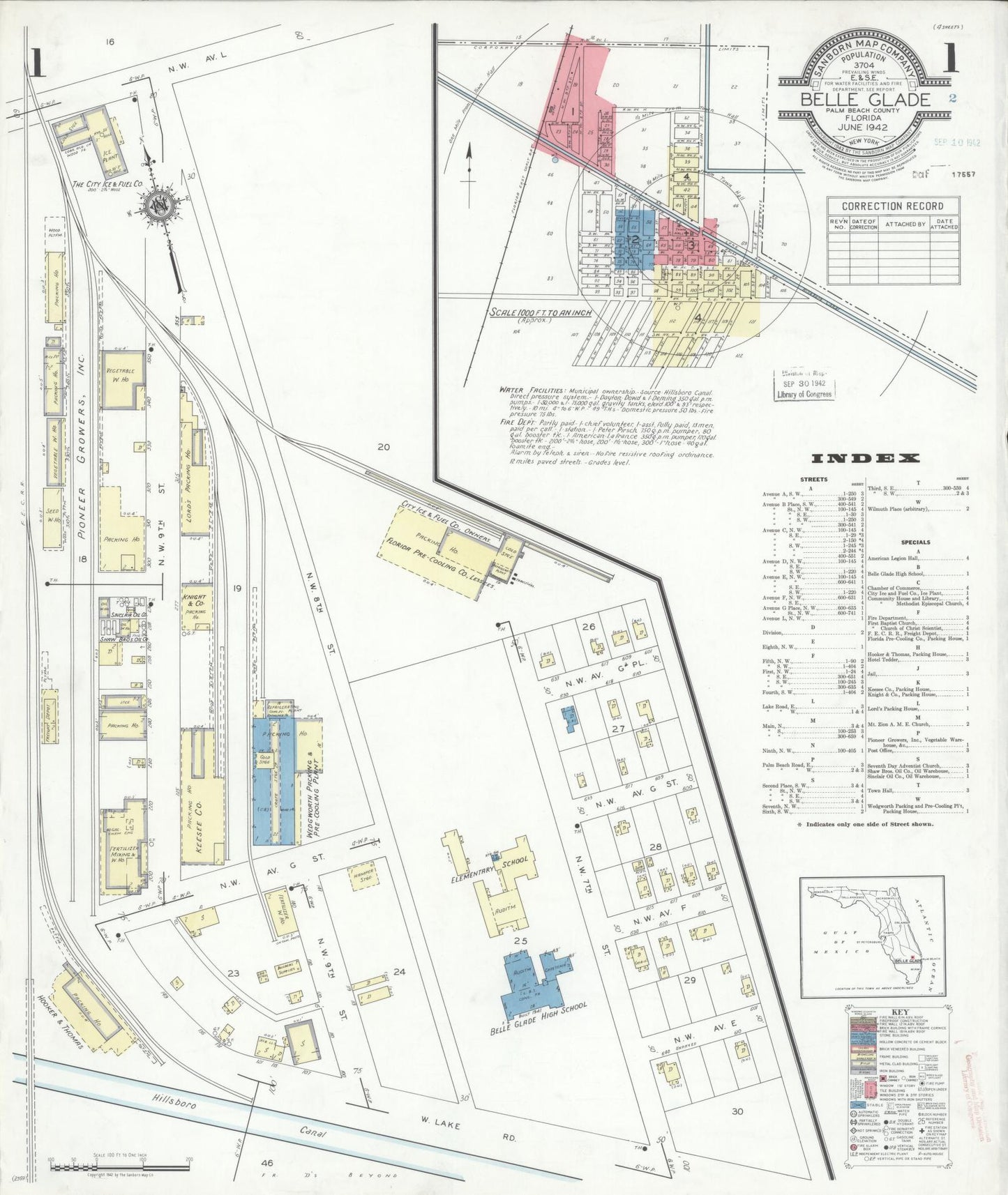 Sanborn Fire Insurance Map from Belle Glade, Palm Beach County, Florida (1942), Sheet #0001 - Historic Sanborn Fire Insurance Map Print, vintage old map wall art, antique decor, genealogy gift, Florida Florida map