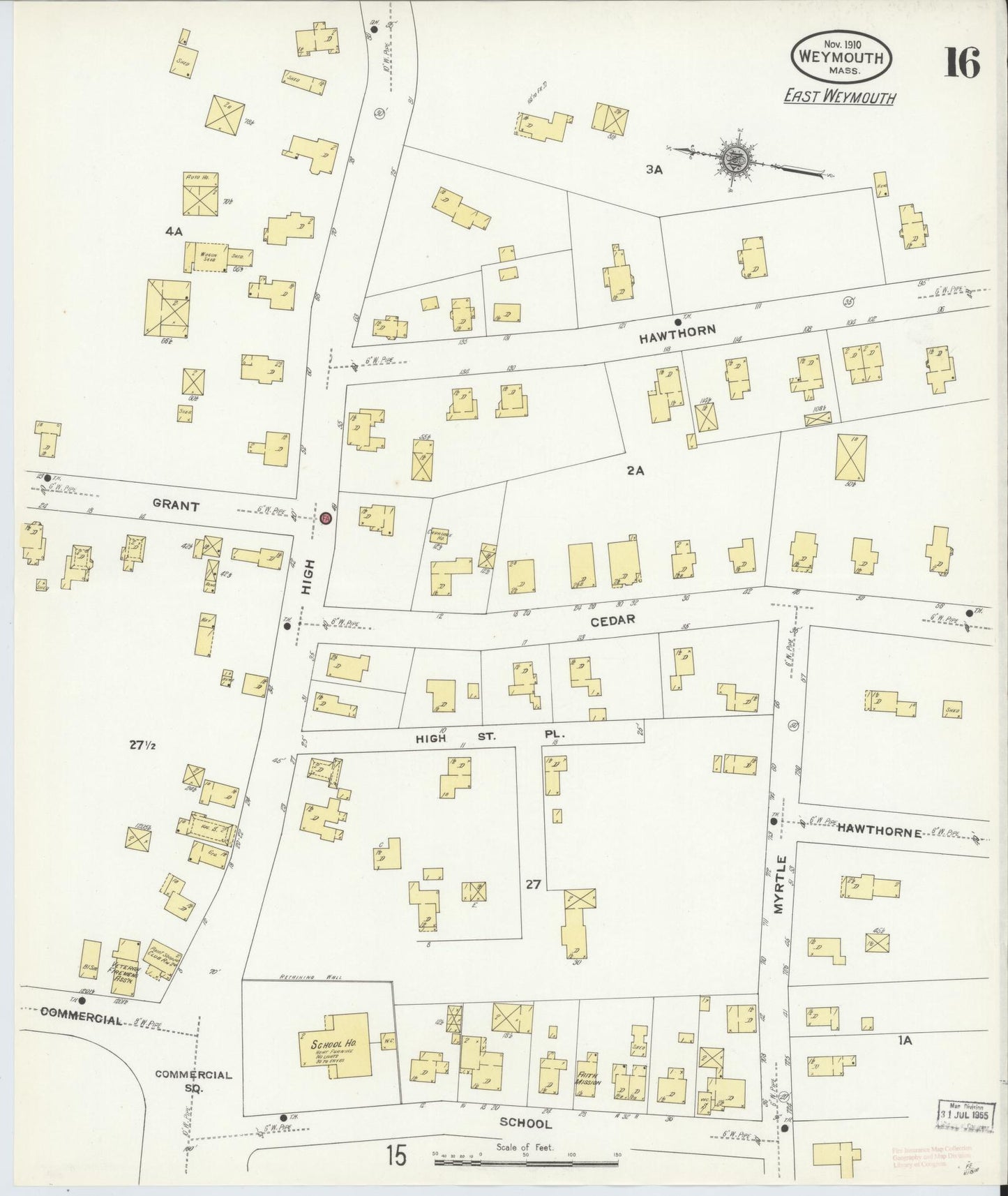 Sanborn Fire Insurance Map from Weymouth, Norfolk County, Massachusetts (1910), Sheet #0016 - Historic Sanborn Fire Insurance Map Print, vintage old map wall art, antique decor, genealogy gift, Massachusetts Massachusetts map