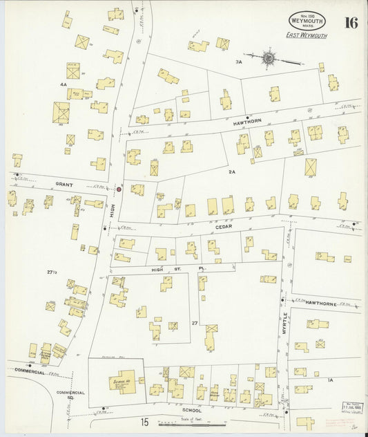 Sanborn Fire Insurance Map from Weymouth, Norfolk County, Massachusetts (1910), Sheet #0016 - Historic Sanborn Fire Insurance Map Print, vintage old map wall art, antique decor, genealogy gift, Massachusetts Massachusetts map