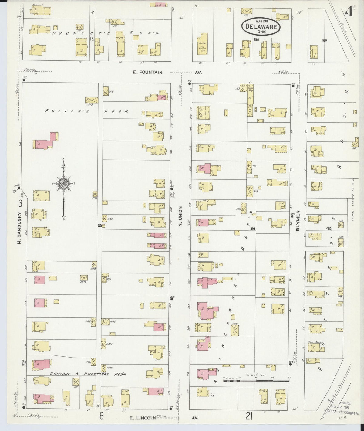Sanborn Fire Insurance Map from Delaware, Delaware County, Ohio (1911), Sheet #0004 - Historic Sanborn Fire Insurance Map Print, vintage old map wall art, antique decor, genealogy gift, Sanborn Fire Insurance Map from Delaware Delaware map