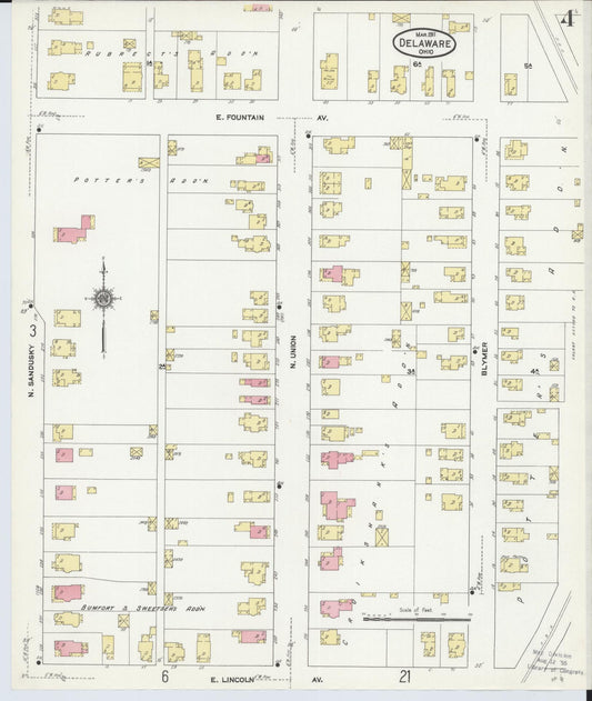 Sanborn Fire Insurance Map from Delaware, Delaware County, Ohio (1911), Sheet #0004 - Historic Sanborn Fire Insurance Map Print, vintage old map wall art, antique decor, genealogy gift, Sanborn Fire Insurance Map from Delaware Delaware map