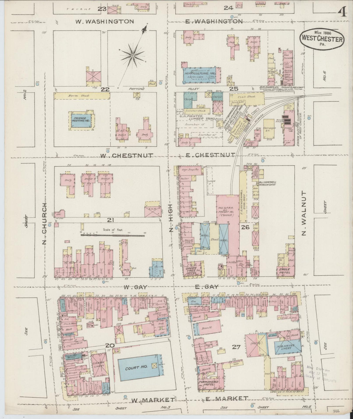 Sanborn Fire Insurance Map from West Chester, Chester County, Pennsylvania (1886), Sheet #0004 - Historic Sanborn Fire Insurance Map Print, vintage old map wall art, antique decor, genealogy gift, Pennsylvania Pennsylvania map