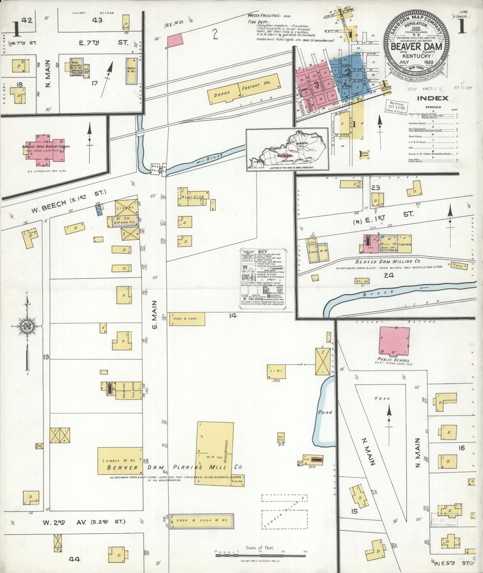 Sanborn Fire Insurance Map from Beaver Dam, Ohio County, Kentucky (1923), Sheet #0001 - Complete Map Set gallery image, historic Sanborn map, vintage wall art, Kentucky Kentucky