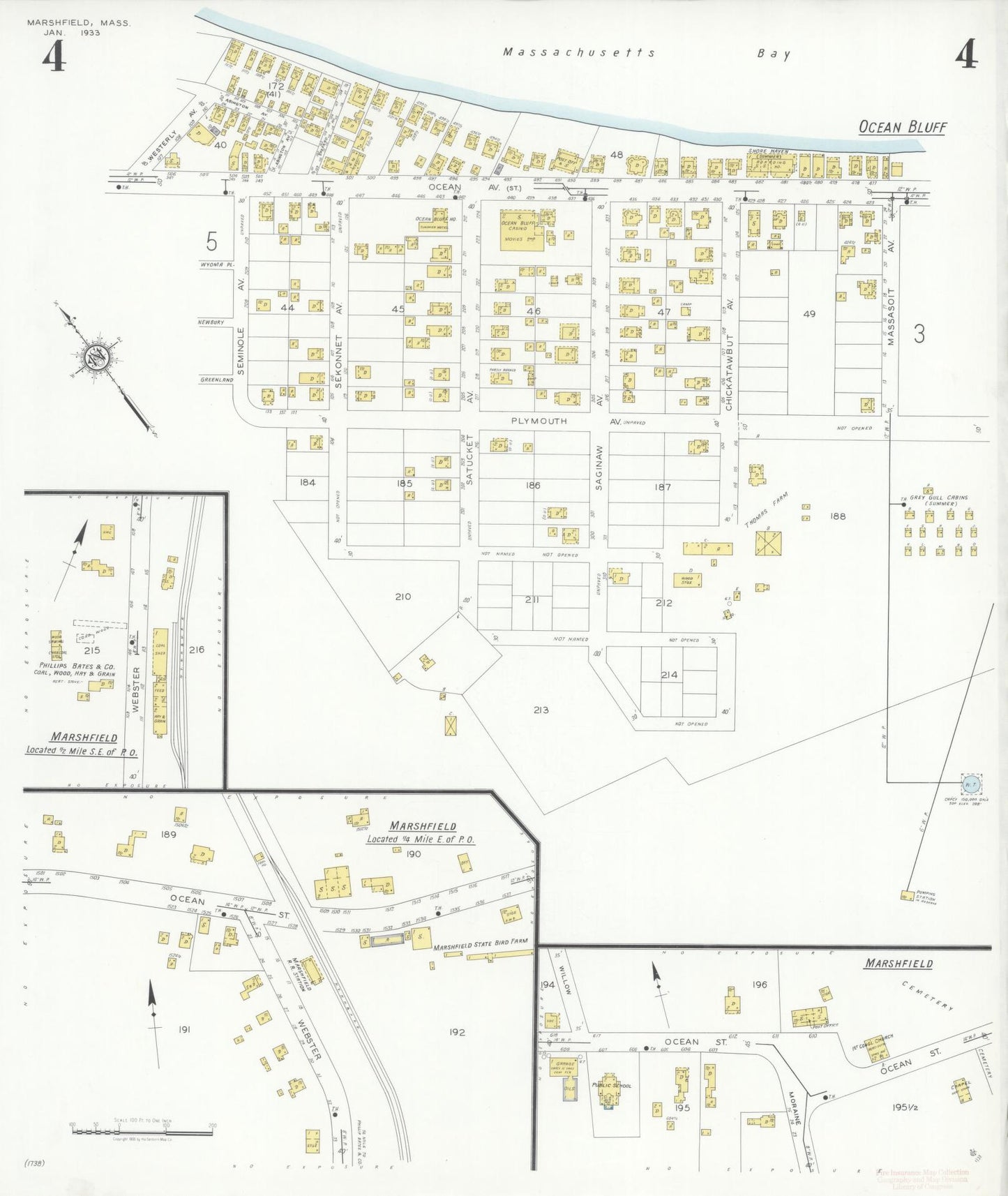 Sanborn Fire Insurance Map from Marshfield, Plymouth County, Massachusetts (1933), Sheet #0004 - Historic Sanborn Fire Insurance Map Print, vintage old map wall art, antique decor, genealogy gift, Massachusetts Massachusetts map
