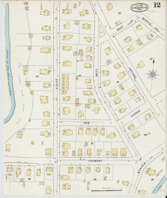 Sanborn Fire Insurance Map from Ansonia, New Haven County, Connecticut (1895), Sheet #0012 - Historic Sanborn Fire Insurance Map Print, vintage old map wall art, antique decor, genealogy gift, Connecticut Connecticut map
