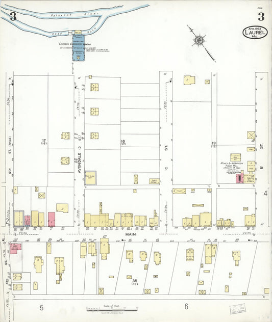 Sanborn Fire Insurance Map from Laurel, Prince Georges County, Maryland (1923), Sheet #0003 - Historic Sanborn Fire Insurance Map Print, vintage old map wall art
