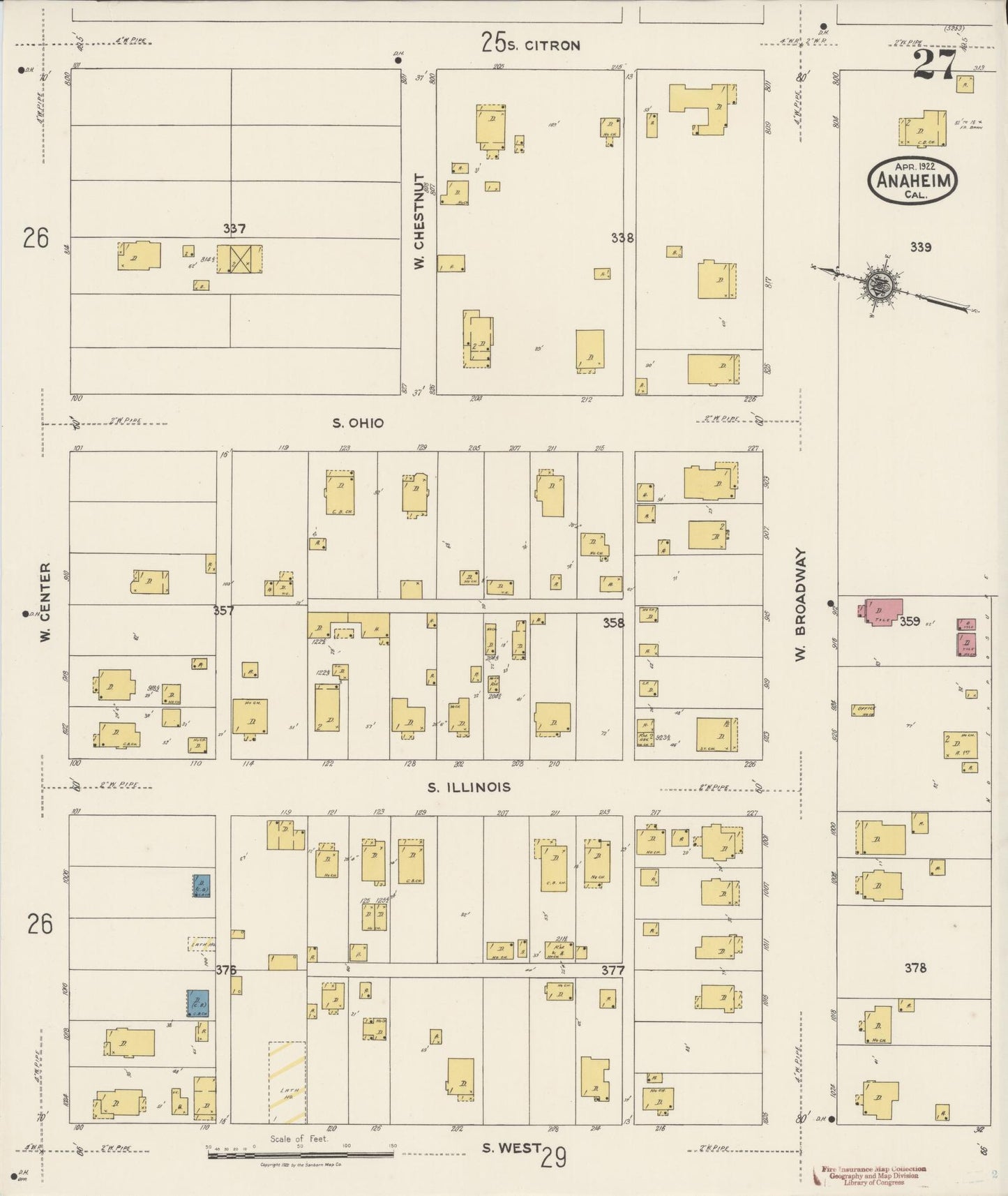 Sanborn Fire Insurance Map from Anaheim, Orange County, California (1922), Sheet #0027 - Historic Sanborn Fire Insurance Map Print, vintage old map wall art, antique decor, genealogy gift, California California map