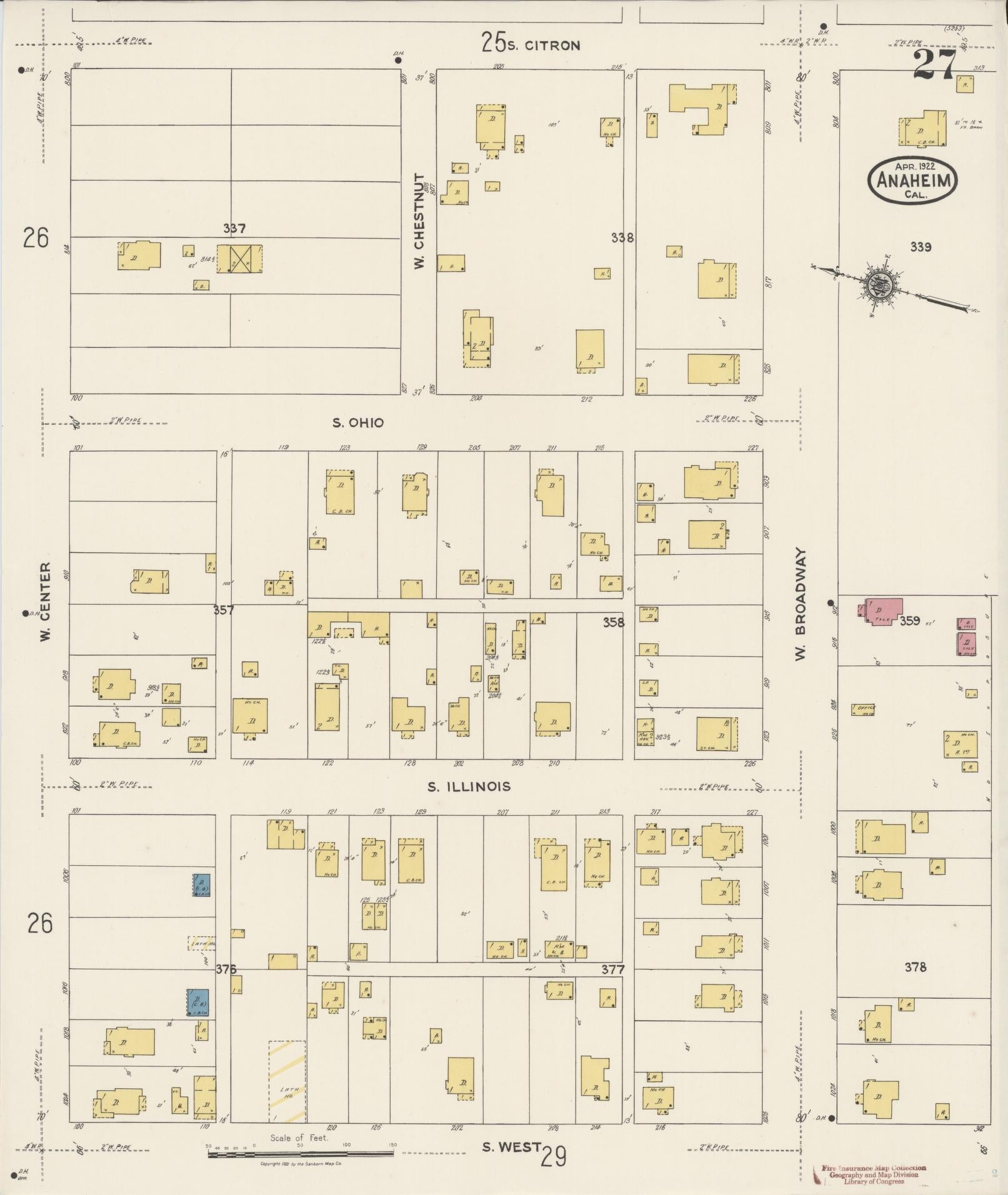 Sanborn Fire Insurance Map from Anaheim, Orange County, California (1922), Sheet #0027 - Historic Sanborn Fire Insurance Map Print, vintage old map wall art, antique decor, genealogy gift, California California map