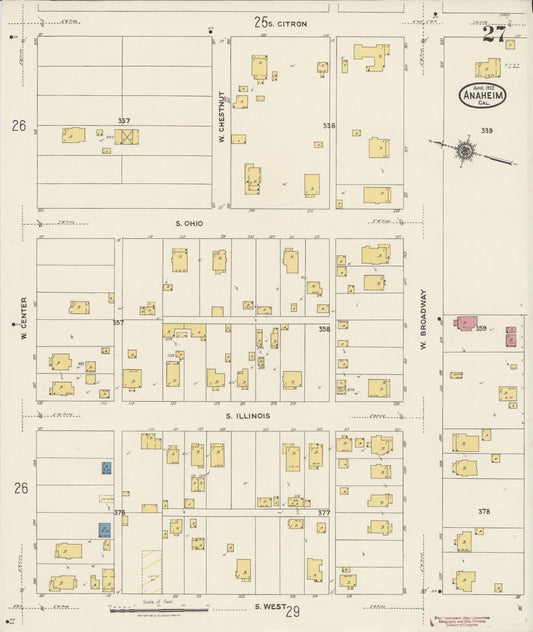 Sanborn Fire Insurance Map from Anaheim, Orange County, California (1922), Sheet #0027 - Historic Sanborn Fire Insurance Map Print, vintage old map wall art, antique decor, genealogy gift, California California map