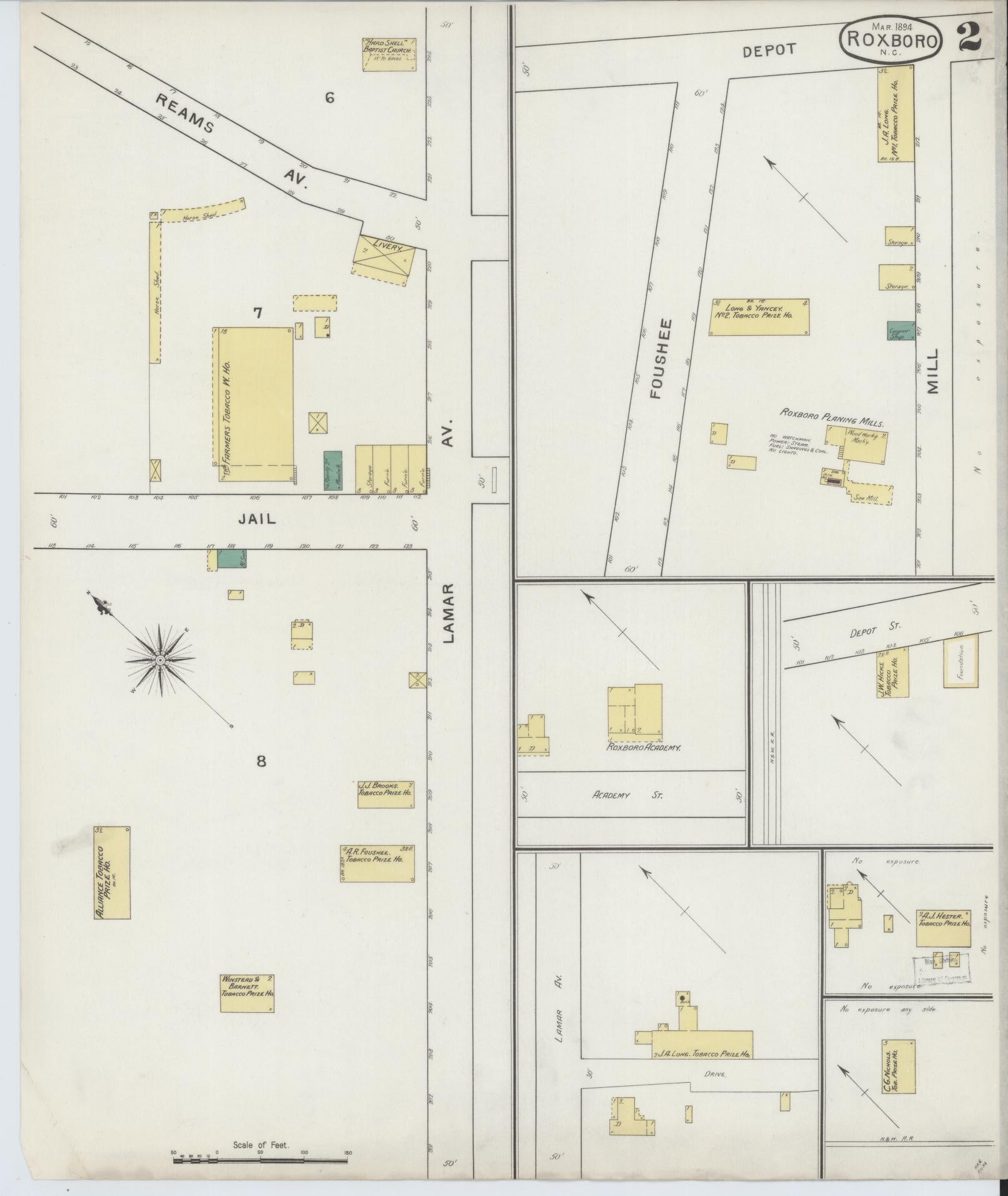 Sanborn Fire Insurance Map from Roxboro, Person County, North Carolina (1894), Sheet #0002 - Complete Map Set gallery image, historic Sanborn map, vintage wall art, North Carolina North Carolina