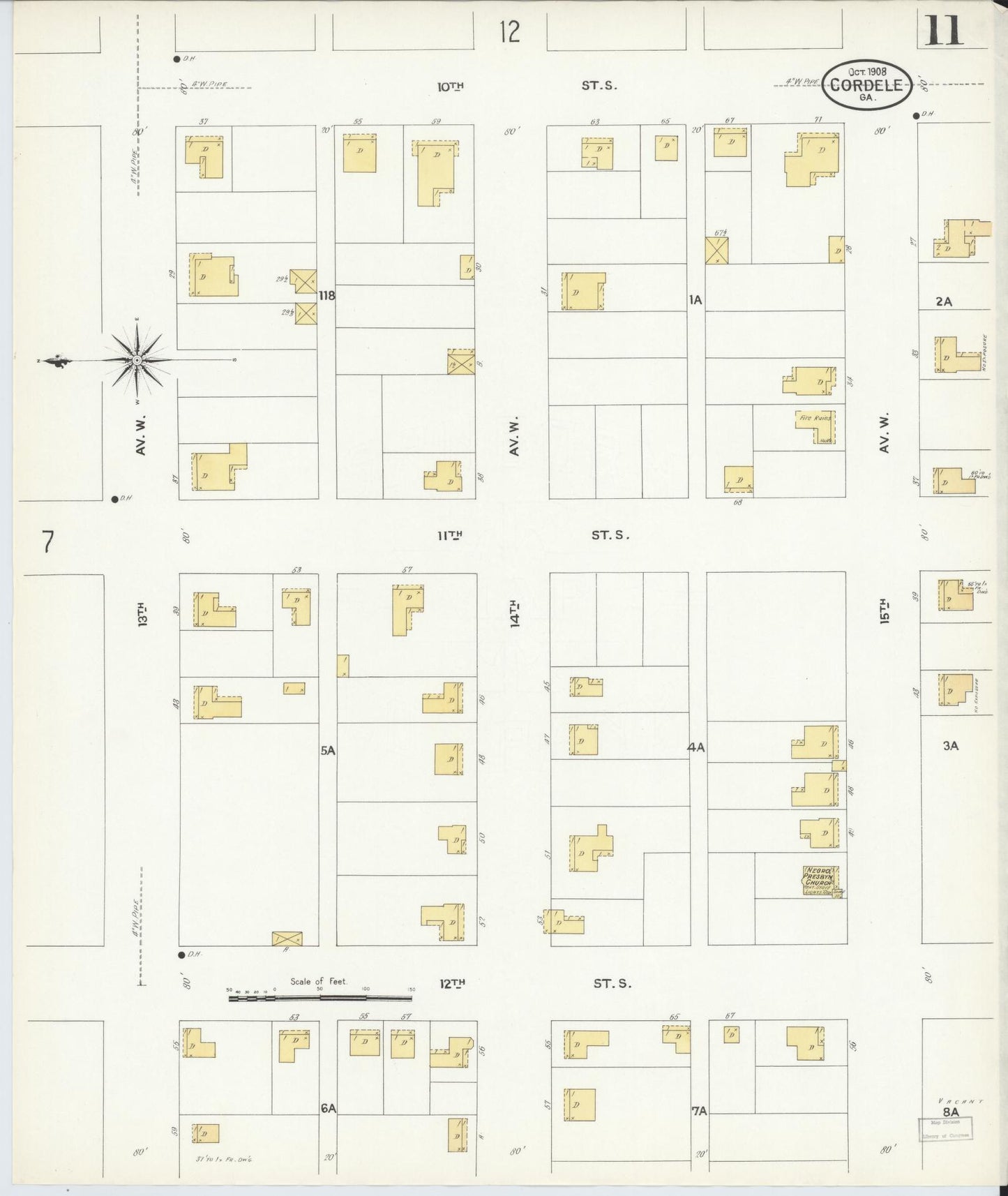 Sanborn Fire Insurance Map from Cordele, Crisp County, Georgia (1908), Sheet #0011 - Historic Sanborn Fire Insurance Map Print, vintage old map wall art, antique decor, genealogy gift, Georgia Georgia map