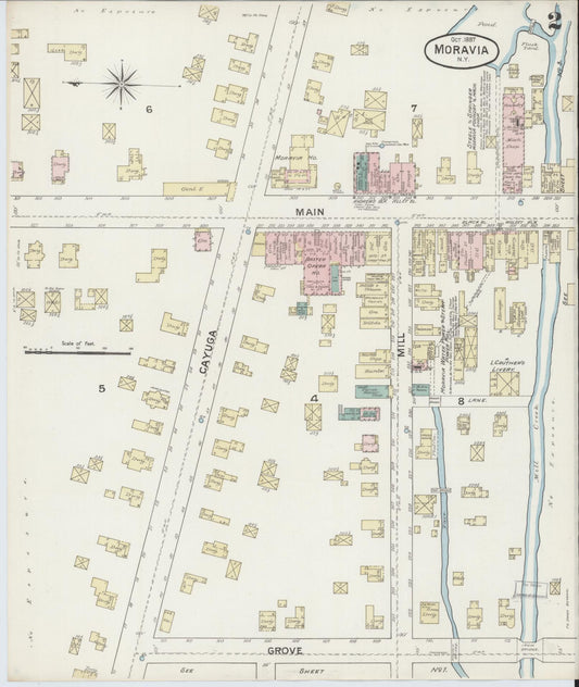 Sanborn Fire Insurance Map from Moravia, Cayuga County, New York (1887), Sheet #0002 - Historic Sanborn Fire Insurance Map Print, vintage old map wall art, antique decor, genealogy gift, New York New York map