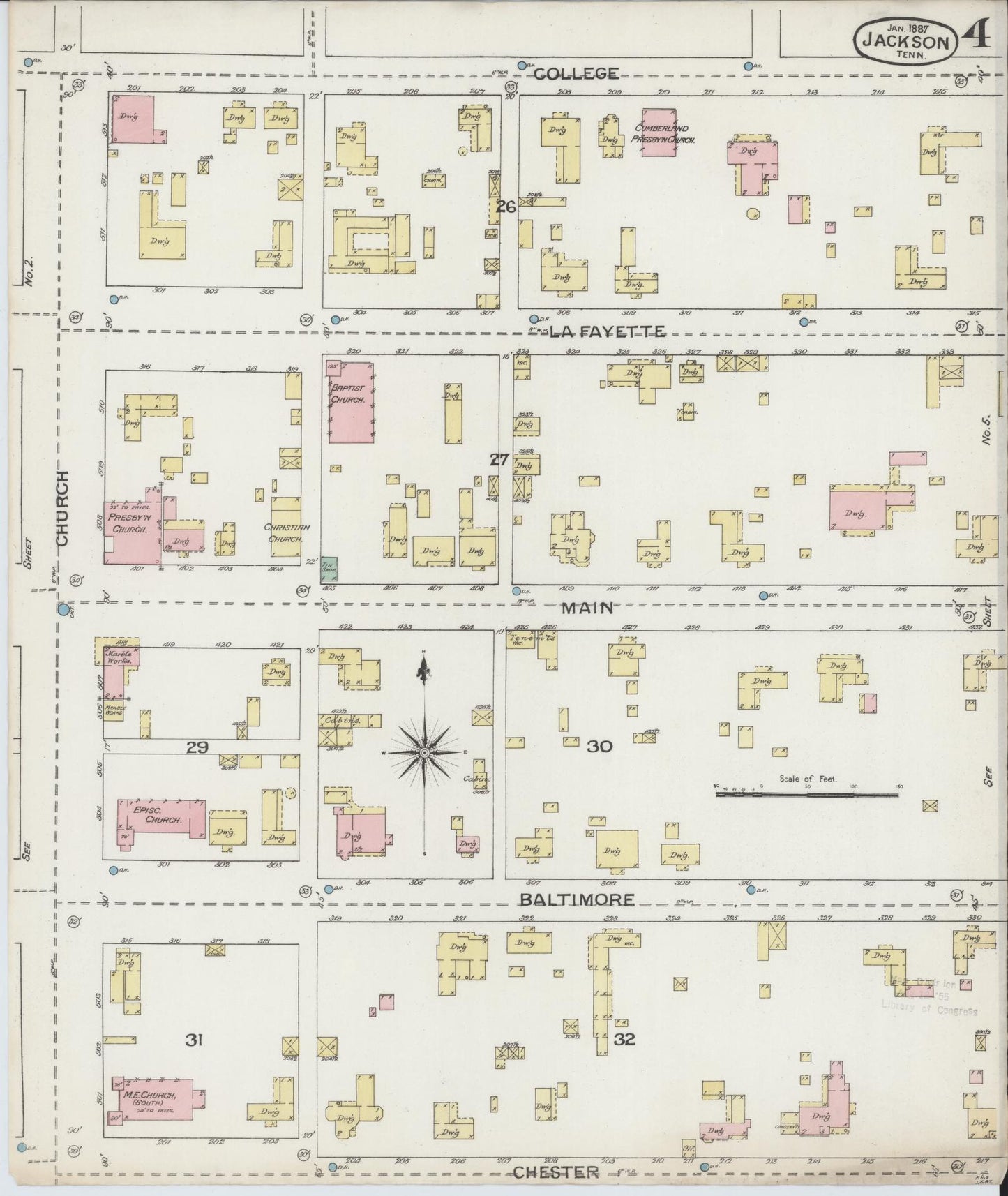 Sanborn Fire Insurance Map from Jackson, Madison County, Tennessee (1887), Sheet #0004 - Historic Sanborn Fire Insurance Map Print, vintage old map wall art, antique decor, genealogy gift, Tennessee Tennessee map