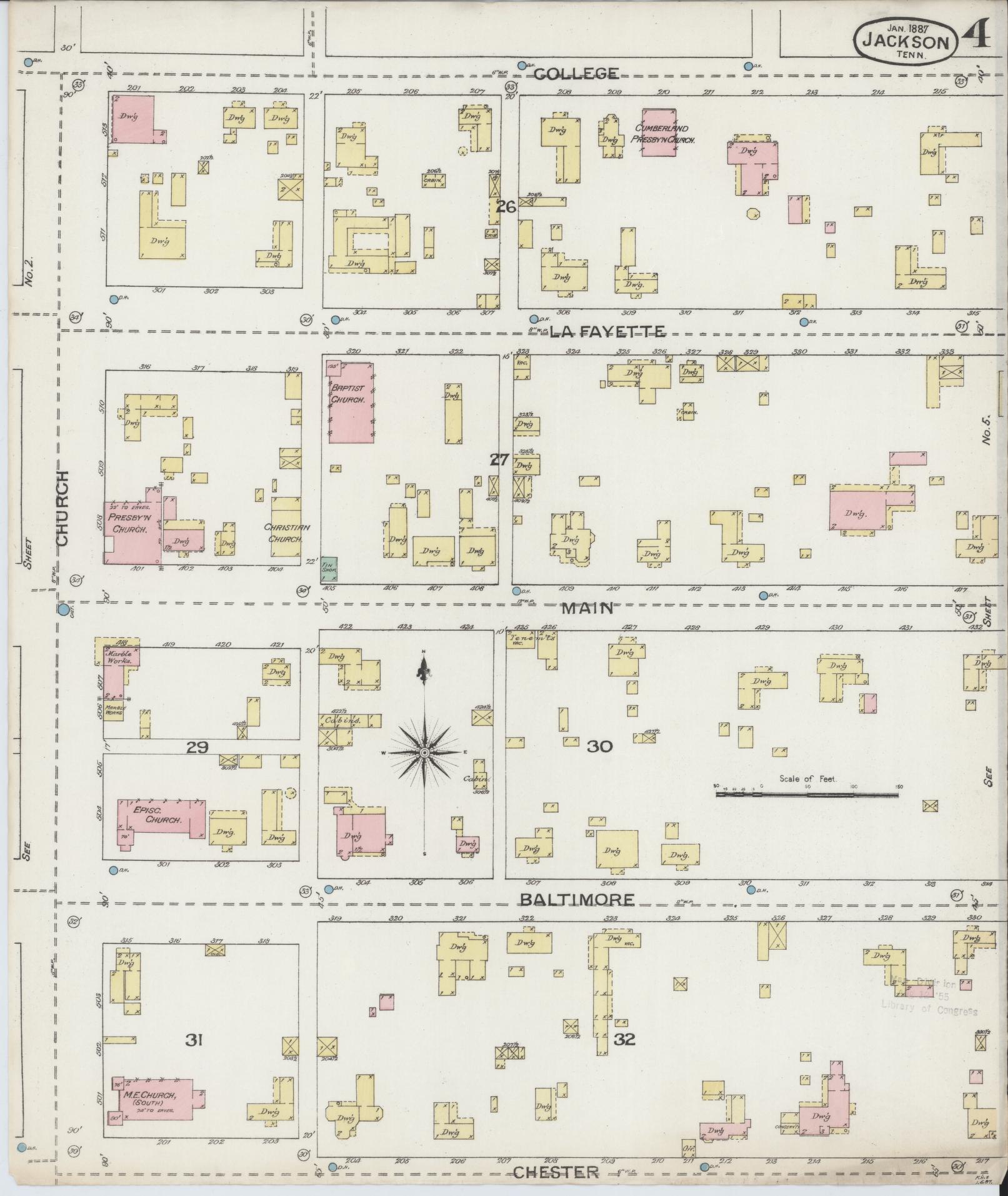 Sanborn Fire Insurance Map from Jackson, Madison County, Tennessee (1887), Sheet #0004 - Historic Sanborn Fire Insurance Map Print, vintage old map wall art, antique decor, genealogy gift, Tennessee Tennessee map