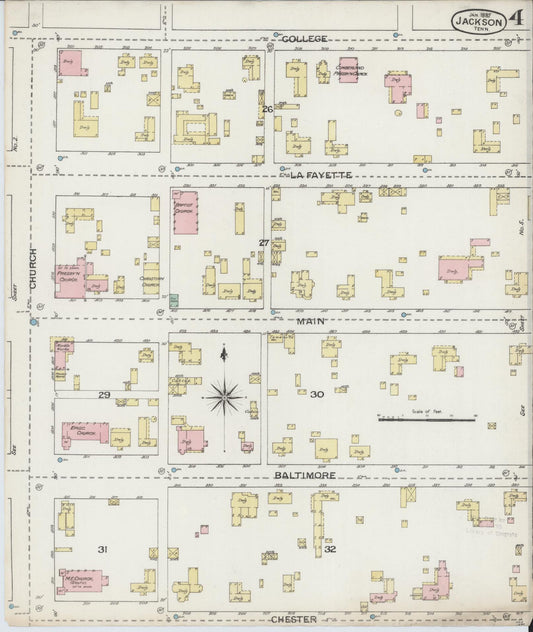 Sanborn Fire Insurance Map from Jackson, Madison County, Tennessee (1887), Sheet #0004 - Historic Sanborn Fire Insurance Map Print, vintage old map wall art, antique decor, genealogy gift, Tennessee Tennessee map
