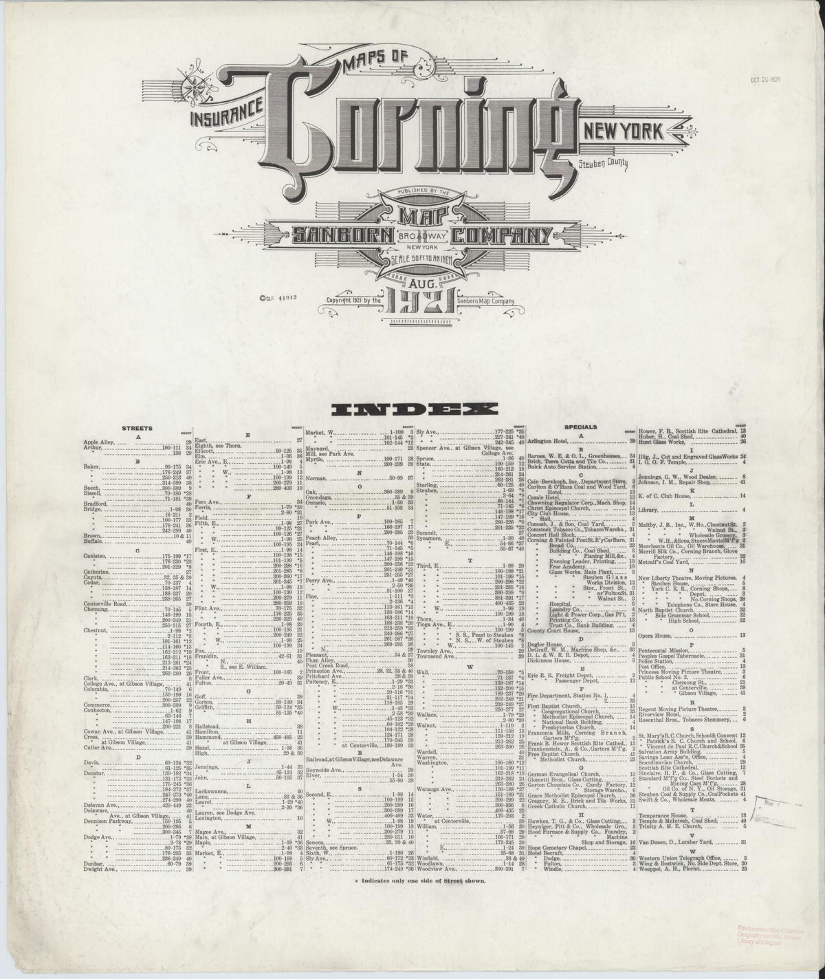 Sanborn Fire Insurance Map from Corning, Steuben County, New York (1921), Sheet #0001 - Historic Sanborn Fire Insurance Map Print, vintage old map wall art, antique decor, genealogy gift, New York New York map