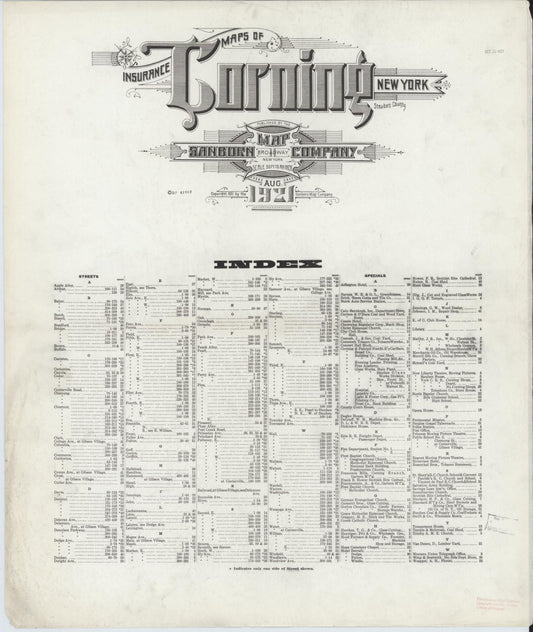 Sanborn Fire Insurance Map from Corning, Steuben County, New York (1921), Sheet #0001 - Historic Sanborn Fire Insurance Map Print, vintage old map wall art, antique decor, genealogy gift, New York New York map