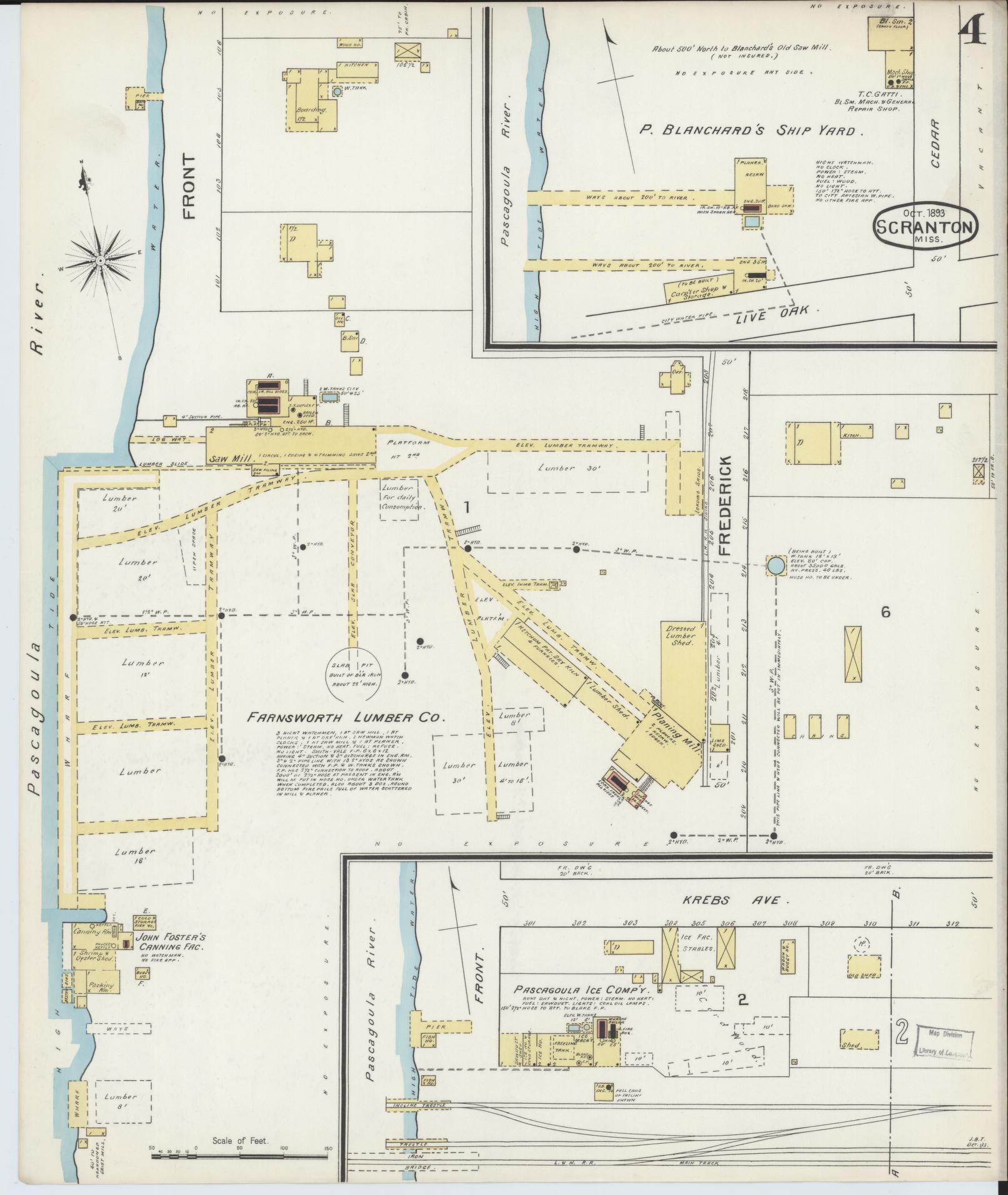 Sanborn Fire Insurance Map from Scranton, Jackson County, Mississippi (1893), Sheet #0004 - Complete Map Set gallery image, historic Sanborn map, vintage wall art, Mississippi Mississippi