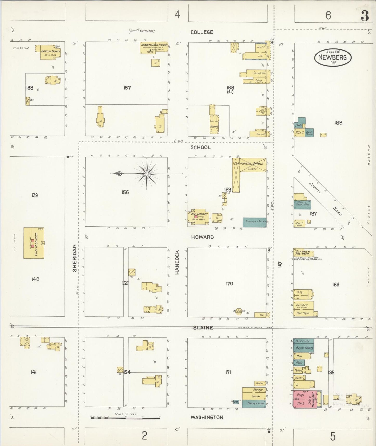 Sanborn Fire Insurance Map from Newberg, Yamhill County, Oregon (1902), Sheet #0003 - Complete Map Set gallery image, historic Sanborn map, vintage wall art, Oregon Oregon