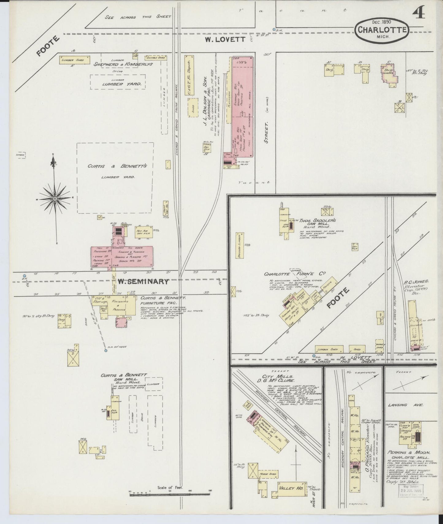 Sanborn Fire Insurance Map from Charlotte, Eaton County, Michigan (1890), Sheet #0004 - Historic Sanborn Fire Insurance Map Print, vintage old map wall art, antique decor, genealogy gift, Michigan Michigan map