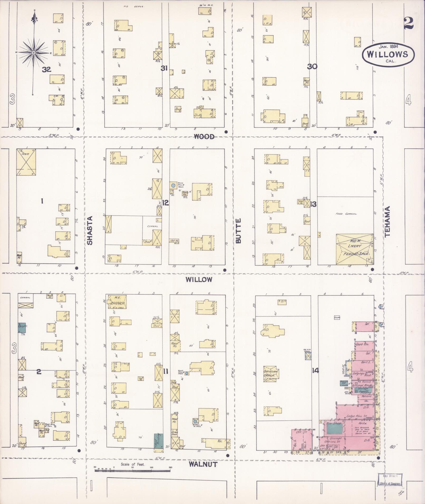 Sanborn Fire Insurance Map from Willows, Glenn County, California (1894), Sheet #0002 - Complete Map Set gallery image, historic Sanborn map, vintage wall art, California California