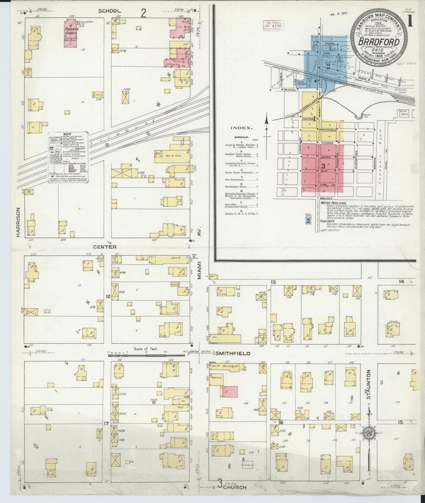 Sanborn Fire Insurance Map from Bradford, Darke and Miami Counties, Ohio (1910), Sheet #0001 - Historic Sanborn Fire Insurance Map Print, vintage old map wall art, antique decor, genealogy gift, Ohio Ohio map