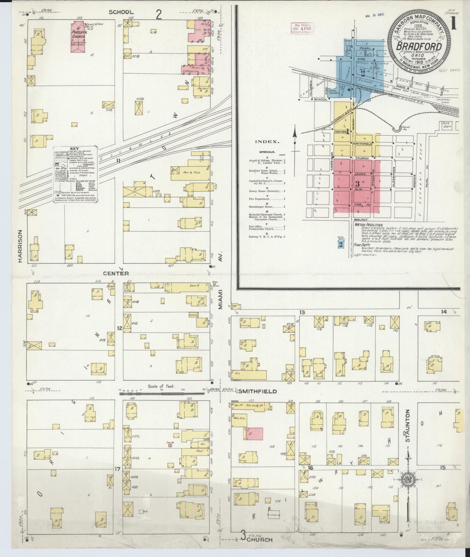 Sanborn Fire Insurance Map from Bradford, Darke and Miami Counties, Ohio (1910), Sheet #0001 - Historic Sanborn Fire Insurance Map Print, vintage old map wall art, antique decor, genealogy gift, Ohio Ohio map