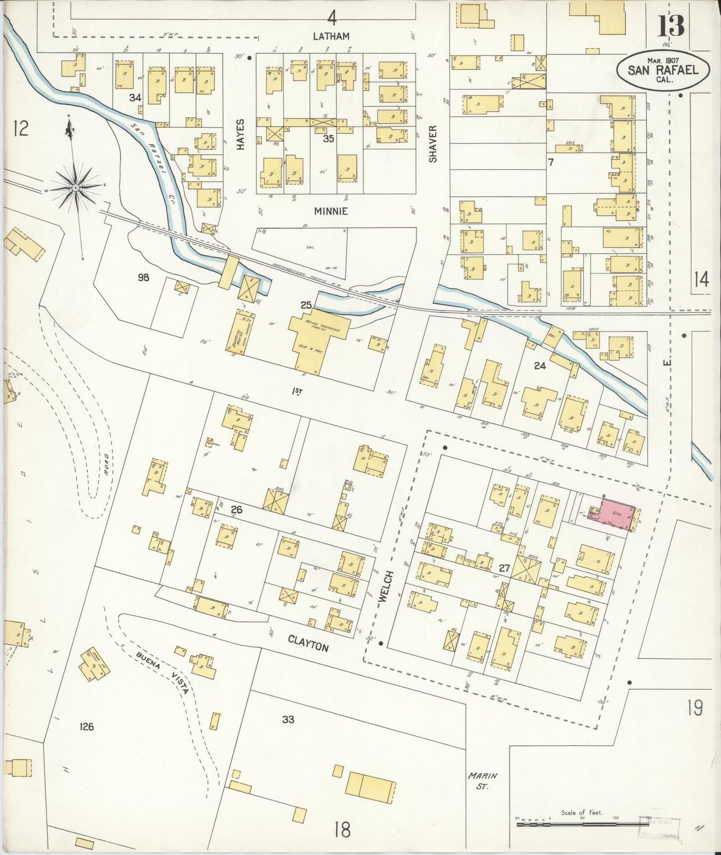 Sanborn Fire Insurance Map from San Rafael, Marin County, California (1907), Sheet #0013 - Complete Map Set gallery image, historic Sanborn map, vintage wall art, California California