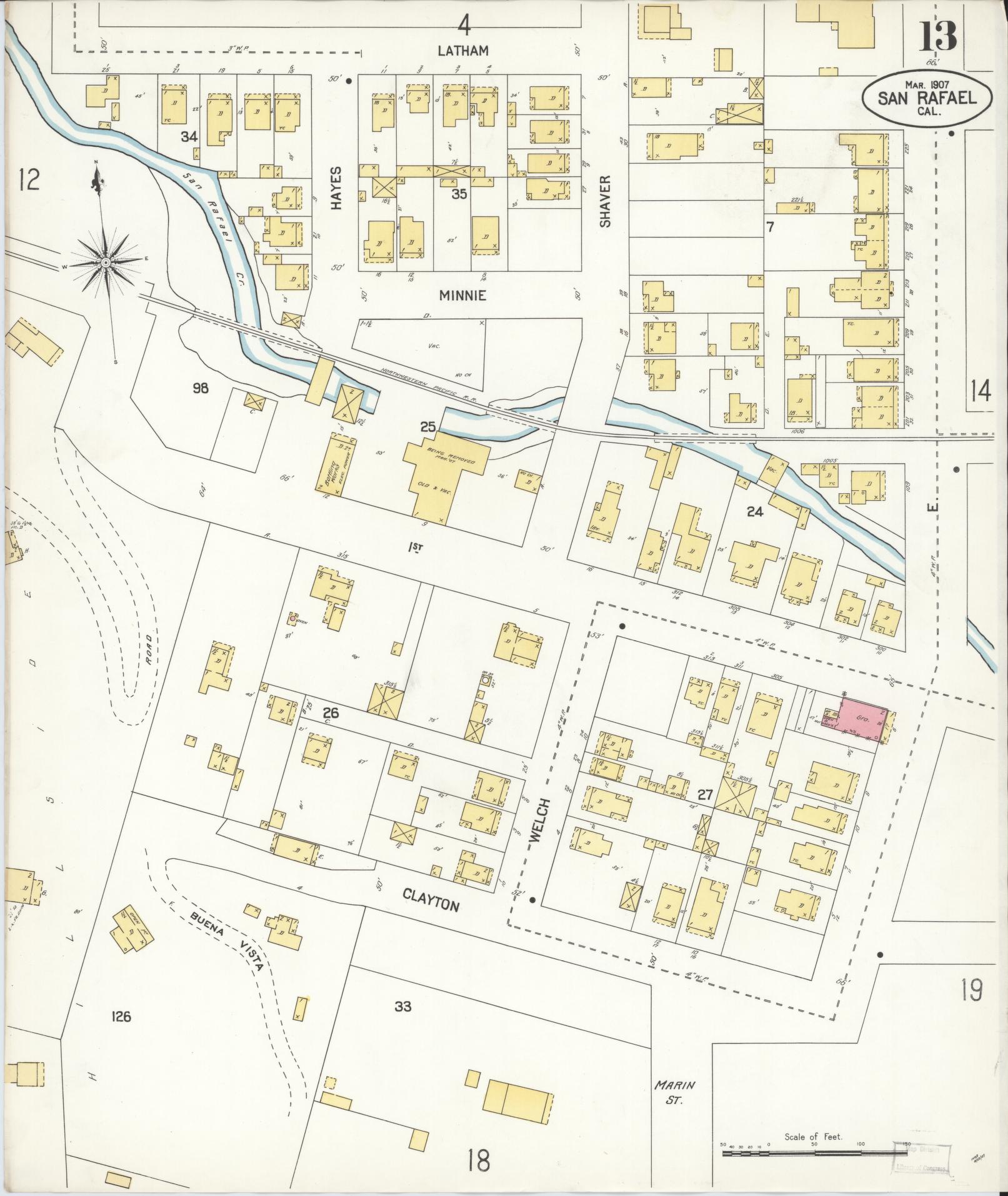 Sanborn Fire Insurance Map from San Rafael, Marin County, California (1907), Sheet #0013 - Complete Map Set gallery image, historic Sanborn map, vintage wall art, California California