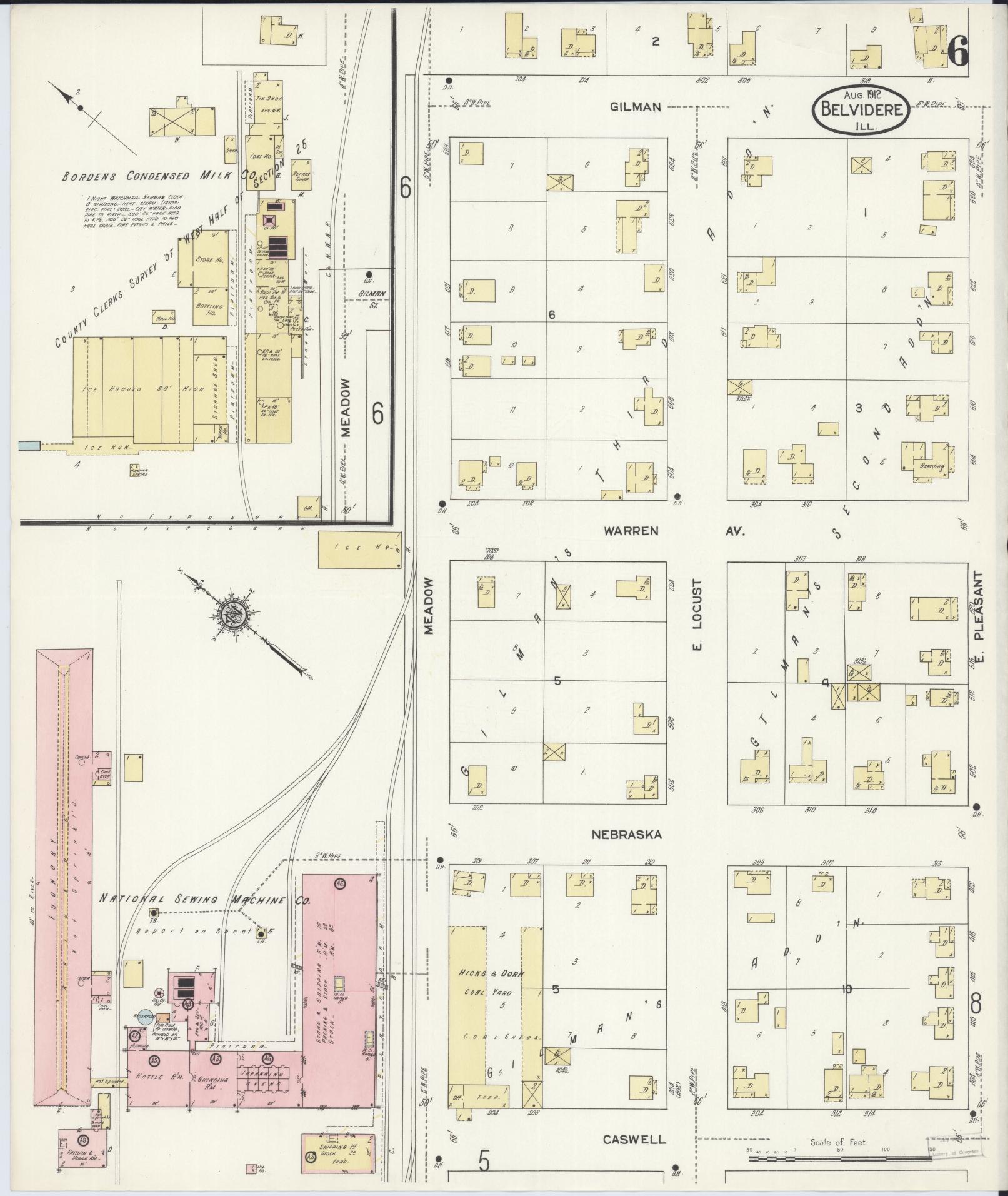Sanborn Fire Insurance Map from Belvidere, Boone County, Illinois (1912), Sheet #0006 - Historic Sanborn Fire Insurance Map Print, vintage old map wall art, antique decor, genealogy gift, Illinois Illinois map