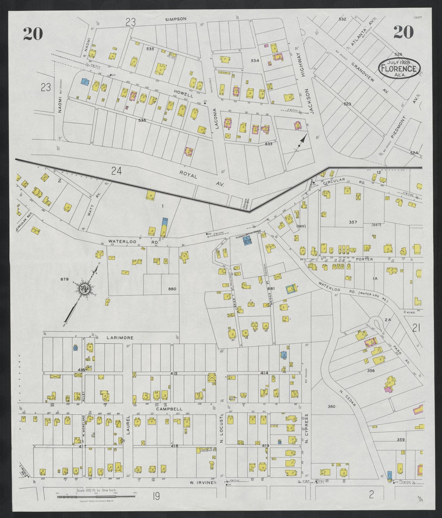 Sanborn Fire Insurance Map from Florence, Lauderdale County, Alabama (1928), Sheet #0020 - Complete Map Set gallery image, historic Sanborn map, vintage wall art, Alabama Alabama