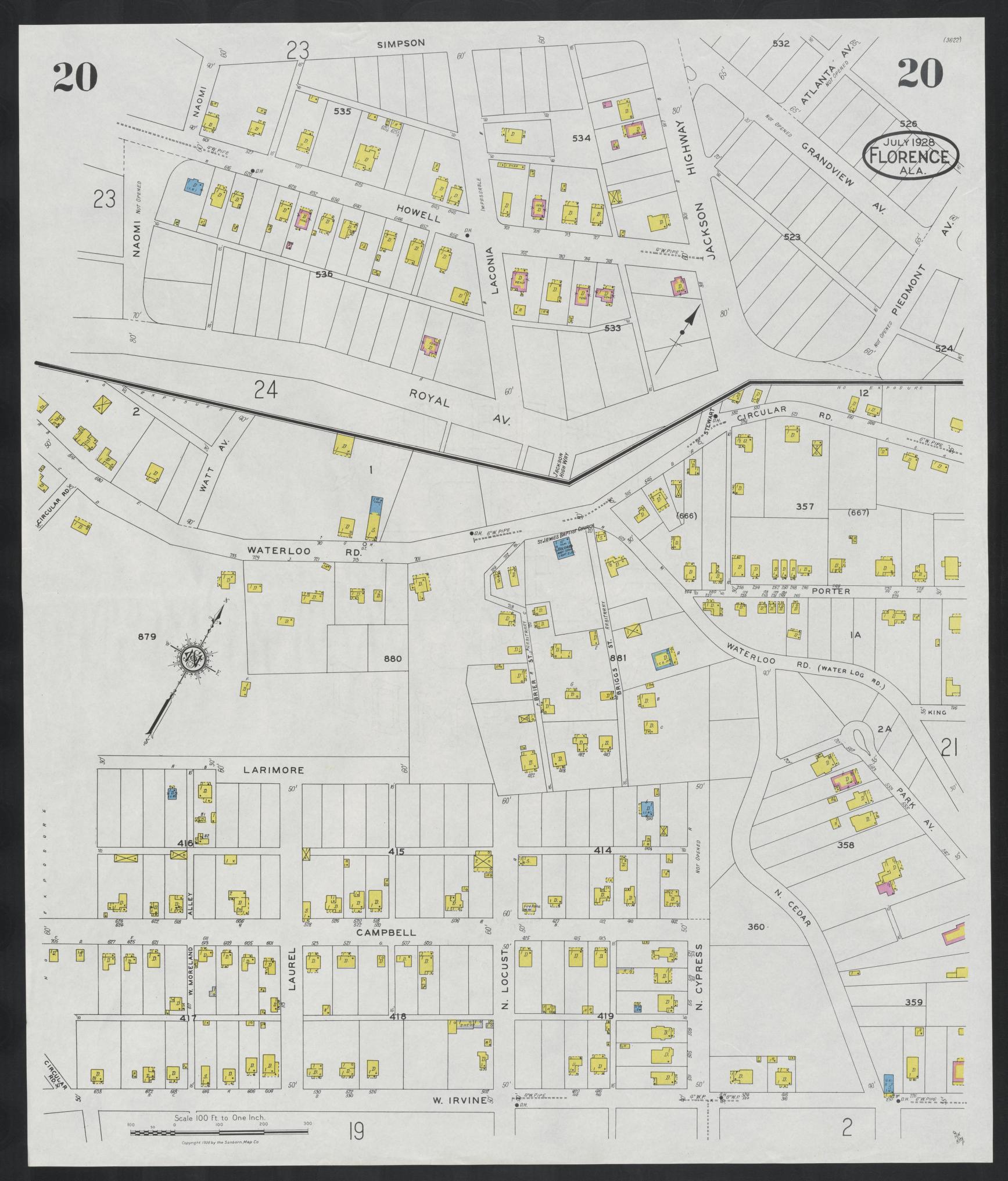 Sanborn Fire Insurance Map from Florence, Lauderdale County, Alabama (1928), Sheet #0020 - Complete Map Set gallery image, historic Sanborn map, vintage wall art, Alabama Alabama