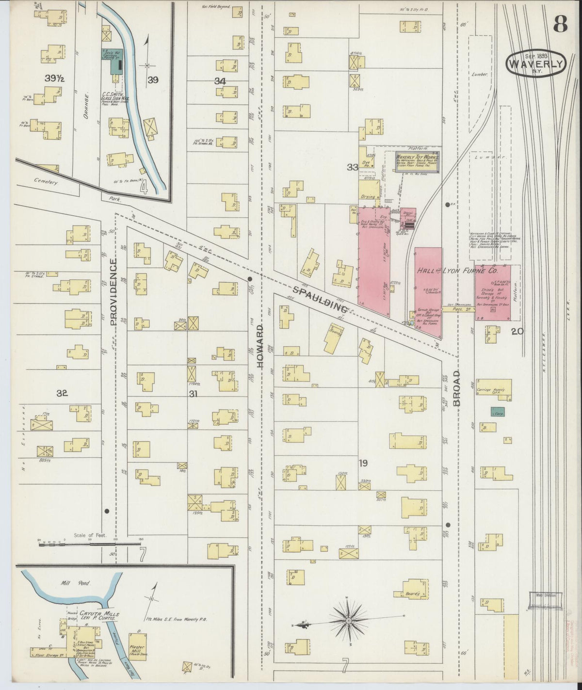 Sanborn Fire Insurance Map from Waverly, Tioga County, New York (1893), Sheet #0008 - Historic Sanborn Fire Insurance Map Print, vintage old map wall art, antique decor, genealogy gift, New York New York map