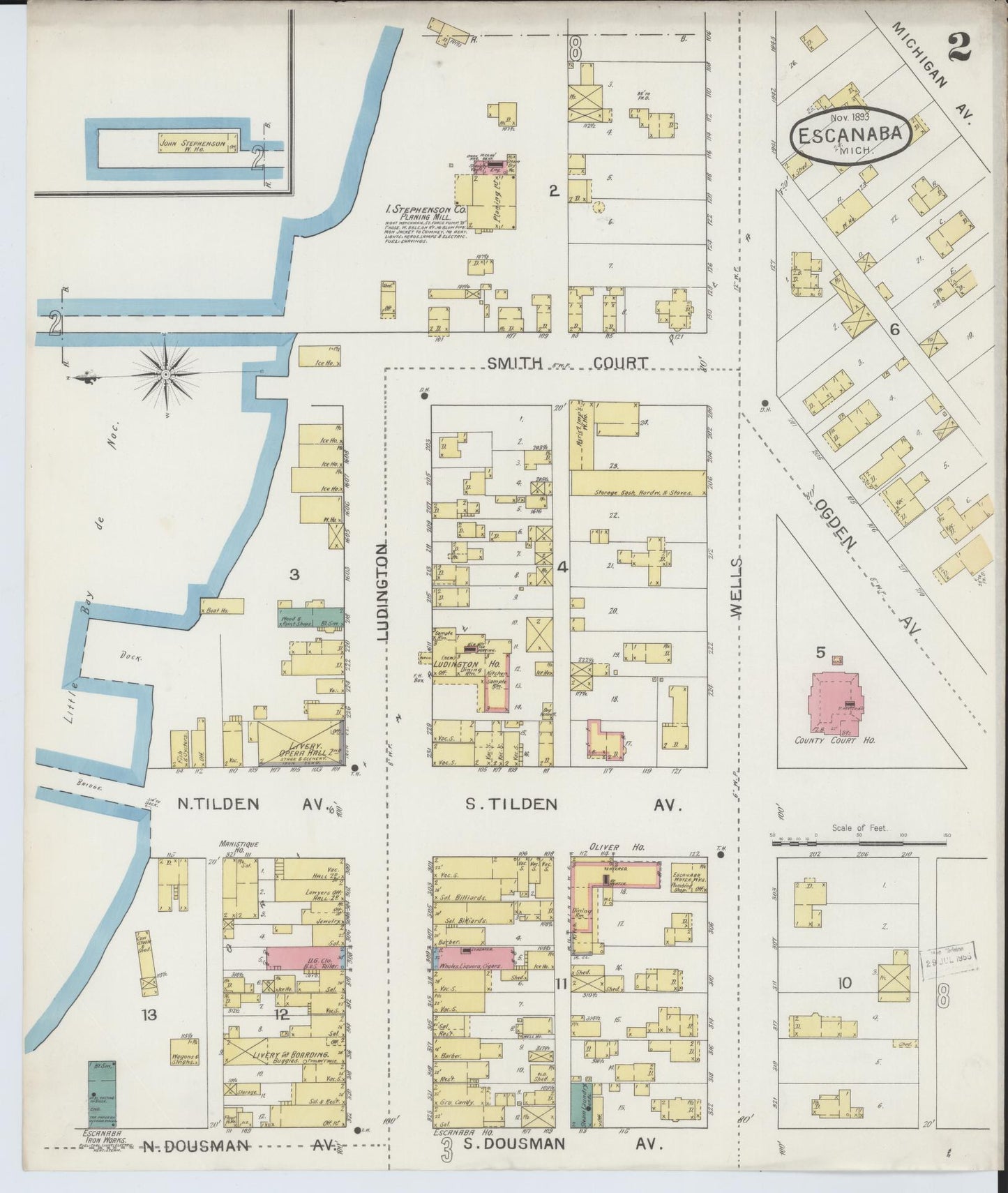 Sanborn Fire Insurance Map from Escanaba, Delta County, Michigan (1893), Sheet #0002 - Complete Map Set gallery image, historic Sanborn map, vintage wall art, Michigan Michigan