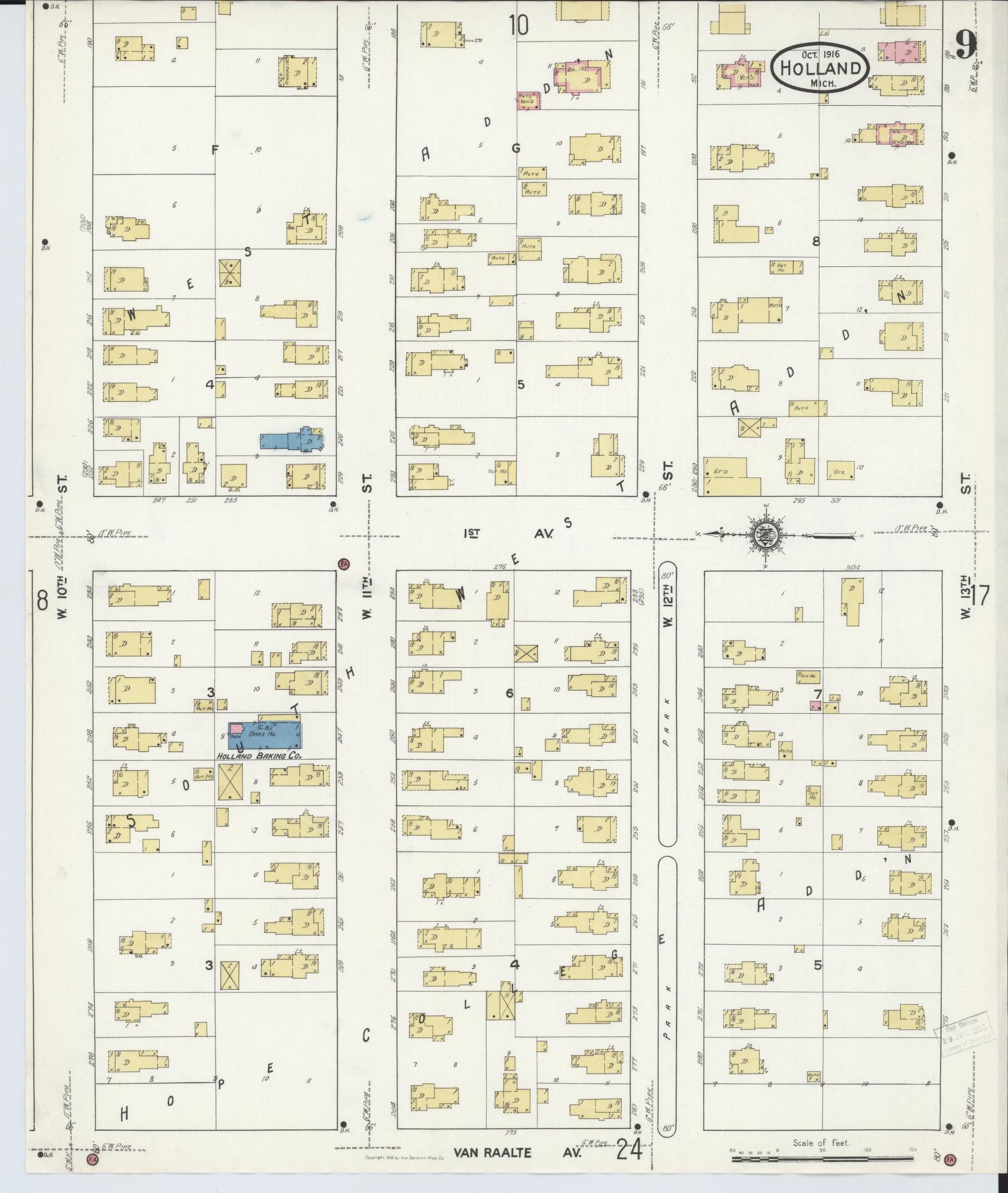 Sanborn Fire Insurance Map from Holland, Ottawa County, Michigan (1916), Sheet #0009 - Complete Map Set gallery image, historic Sanborn map, vintage wall art, Michigan Michigan