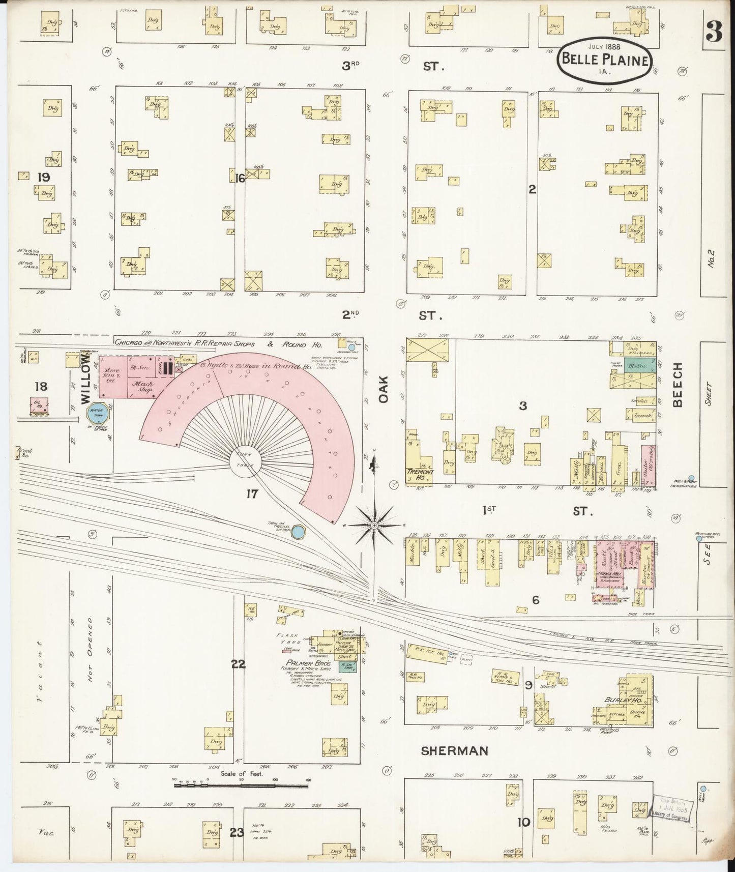 Sanborn Fire Insurance Map from Belle Plaine, Benton County, Iowa (1888), Sheet #0003 - Historic Sanborn Fire Insurance Map Print, vintage old map wall art