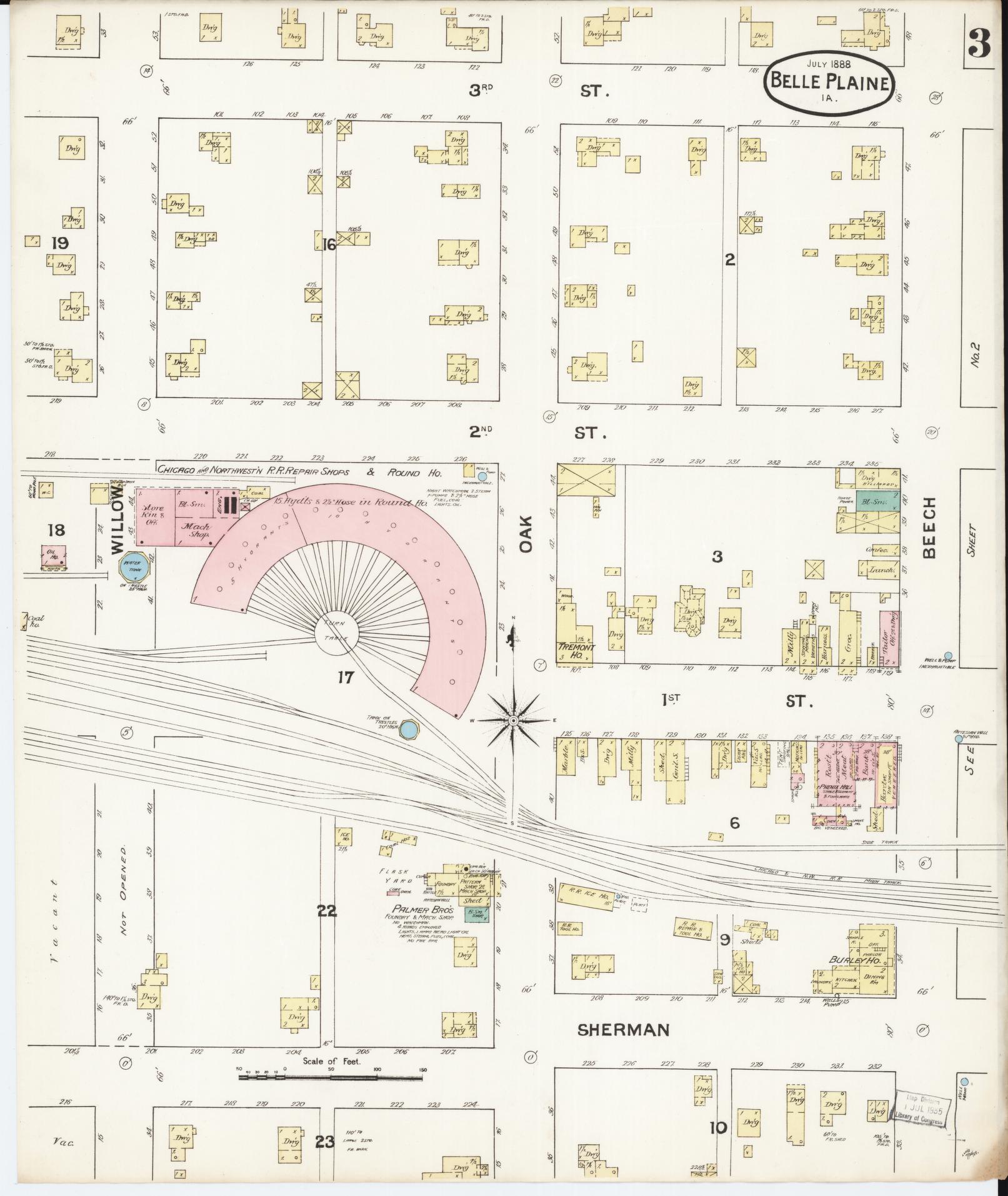 Sanborn Fire Insurance Map from Belle Plaine, Benton County, Iowa (1888), Sheet #0003 - Historic Sanborn Fire Insurance Map Print, vintage old map wall art