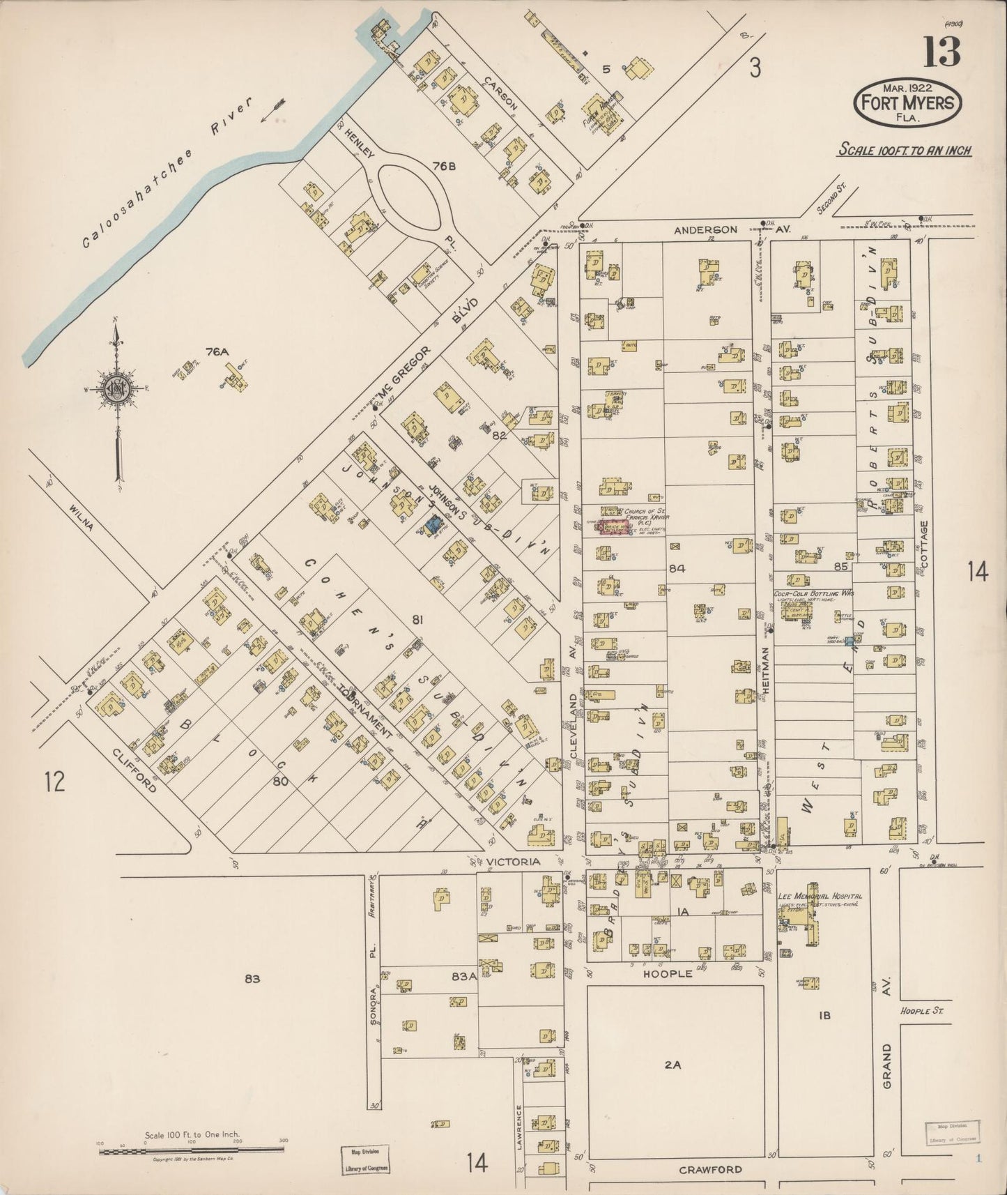 Sanborn Fire Insurance Map from Fort Myers, Lee County, Florida (1922), Sheet #0013 - Historic Sanborn Fire Insurance Map Print, vintage old map wall art, antique decor, genealogy gift, Florida Florida map
