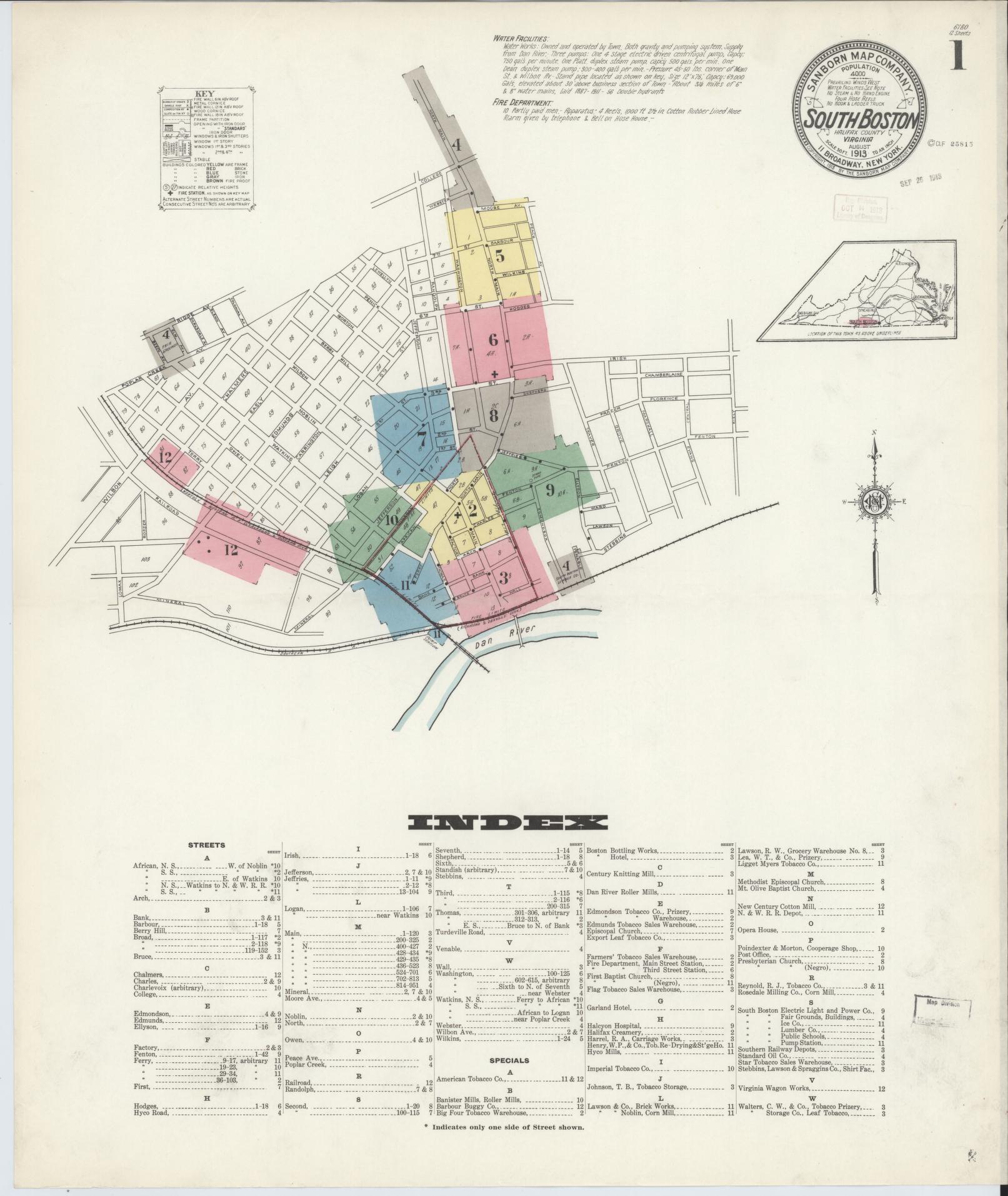 Sanborn Fire Insurance Map from South Boston, Halifax County, Virginia. (1913) – Historic Sanborn Fire Insurance Map Print