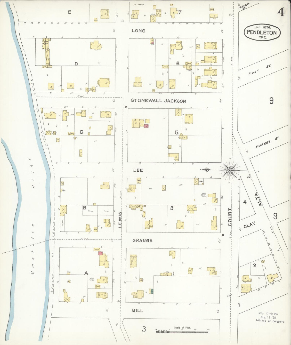 Sanborn Fire Insurance Map from Pendleton, Umatilla County, Oregon (1896), Sheet #0004 - Historic Sanborn Fire Insurance Map Print, vintage old map wall art, antique decor, genealogy gift, Oregon Oregon map