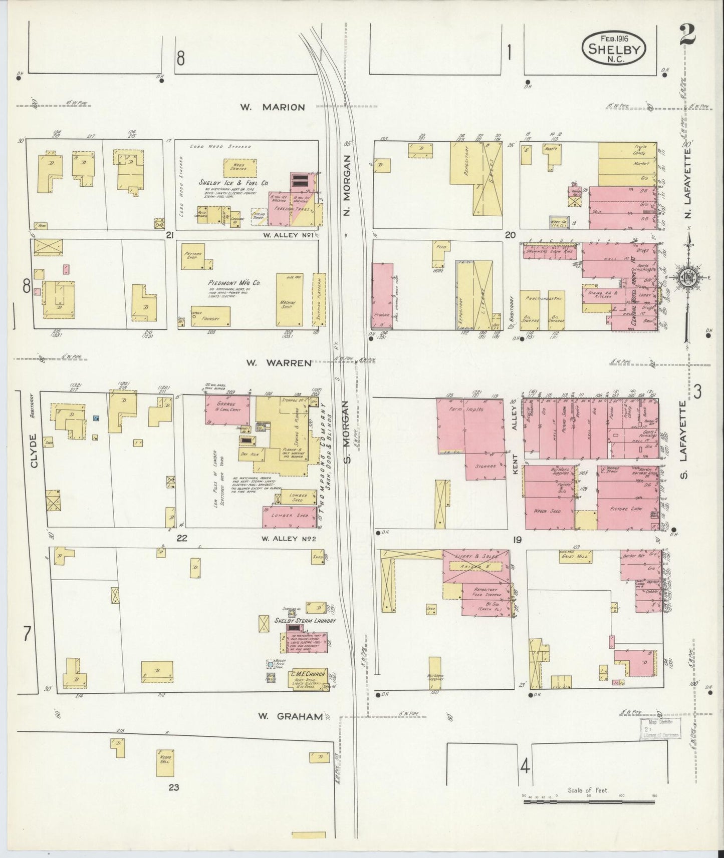 Sanborn Fire Insurance Map from Shelby, Cleveland County, North Carolina (1916), Sheet #0002 - Complete Map Set gallery image, historic Sanborn map, vintage wall art, North Carolina North Carolina