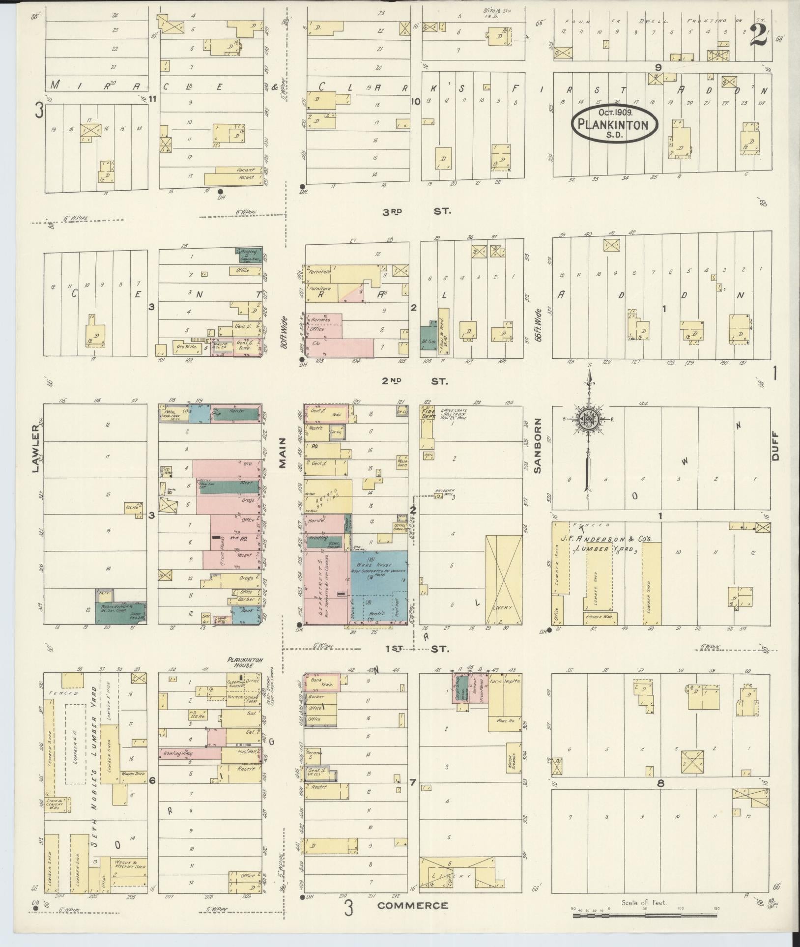Sanborn Fire Insurance Map from Plankinton, Aurora County, South Dakota (1909), Sheet #0002 - Historic Sanborn Fire Insurance Map Print, vintage old map wall art, antique decor, genealogy gift, South Dakota South Dakota map