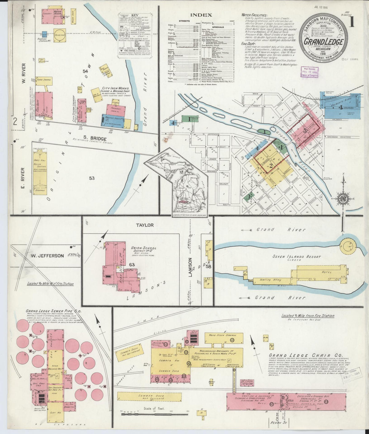 Sanborn Fire Insurance Map from Grand Ledge, Eaton County, Michigan (1916), Sheet #0001 - Historic Sanborn Fire Insurance Map Print, vintage old map wall art, antique decor, genealogy gift, Michigan Michigan map