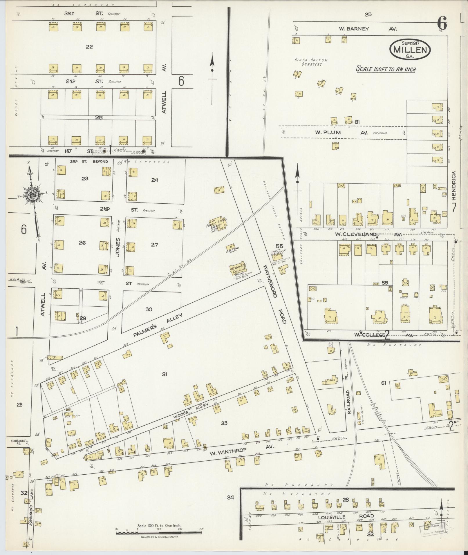 Sanborn Fire Insurance Map from Millen, Jenkins County, Georgia (1917), Sheet #0006 - Historic Sanborn Fire Insurance Map Print, vintage old map wall art, antique decor, genealogy gift, Georgia Georgia map