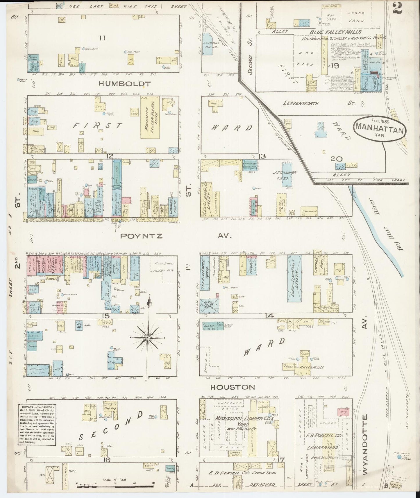 Sanborn Fire Insurance Map from Manhattan, Riley County, Kansas (1885), Sheet #0002 - Historic Sanborn Fire Insurance Map Print, vintage old map wall art, antique decor, genealogy gift, Kansas Kansas map